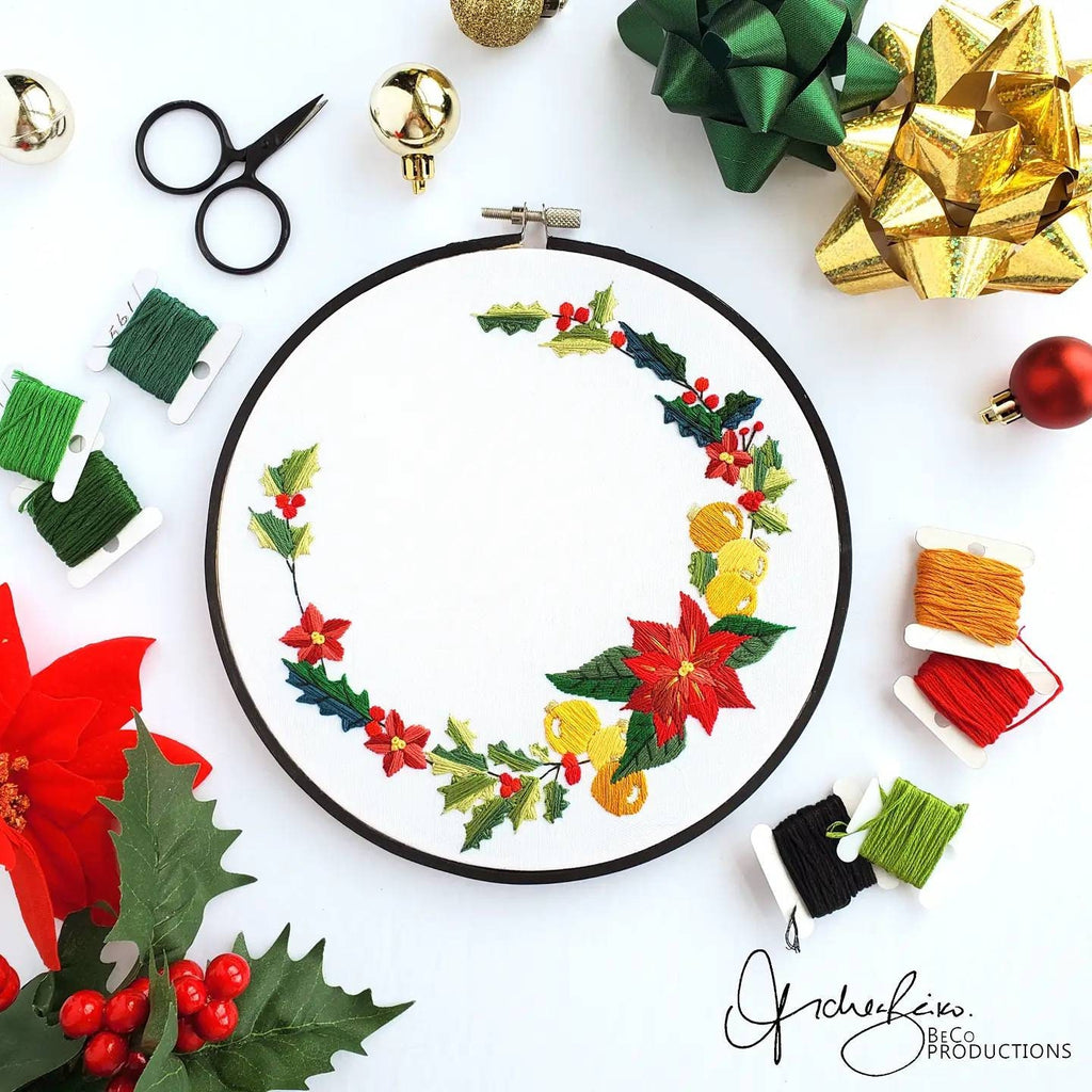 Holiday Poinsettia Wreath - PDF Digital Download Embroidery Pattern & Guide