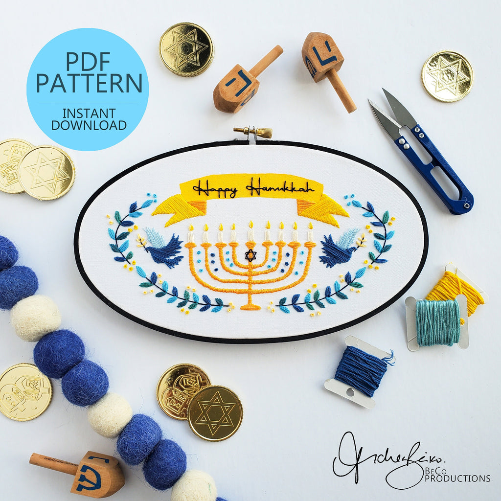 Happy Hanukkah Wreath - PDF Digital Download Embroidery Pattern & Guide
