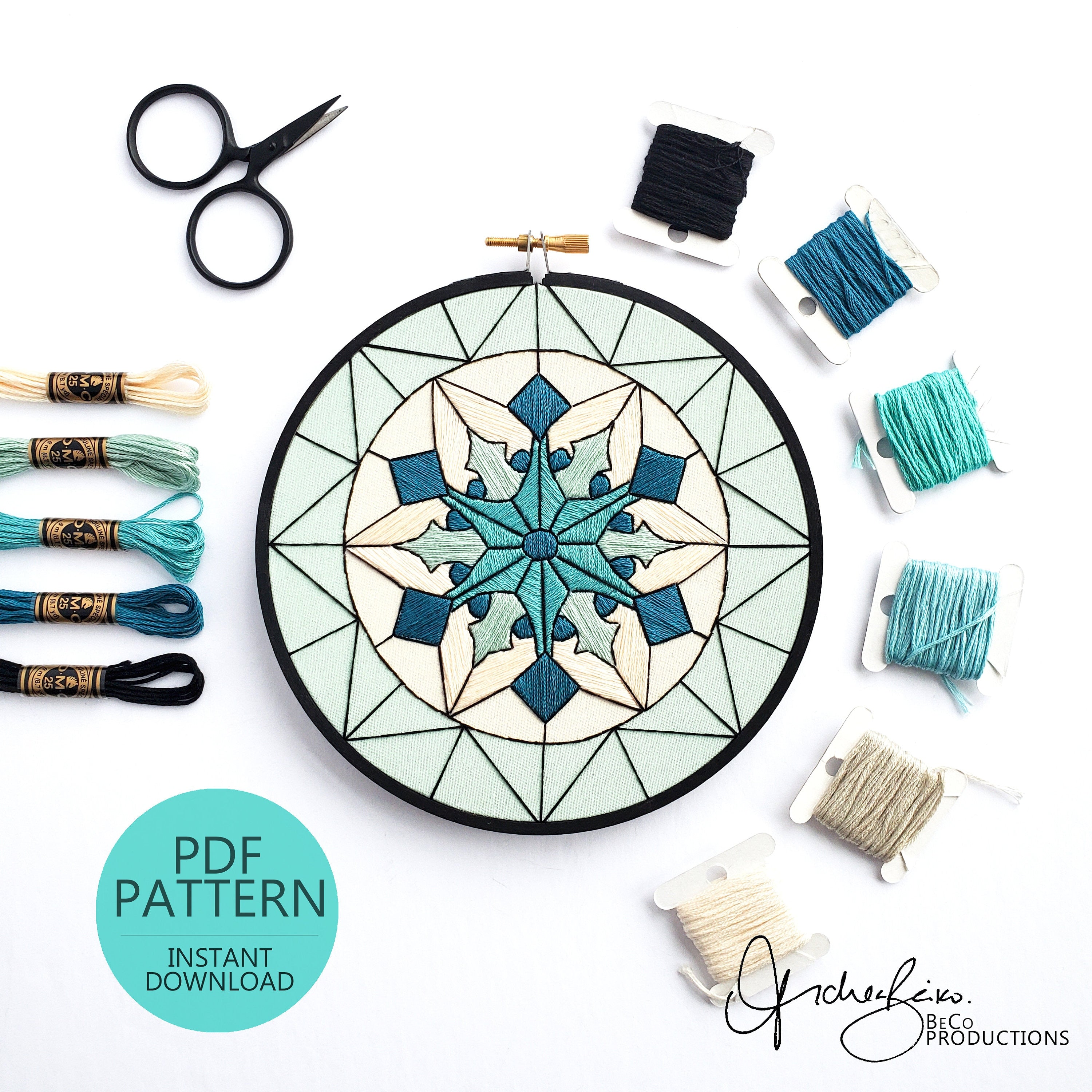 JANUARY Monthly Series Stained Glass Snowflake- PDF Digital Download Embroidery Pattern & Guide