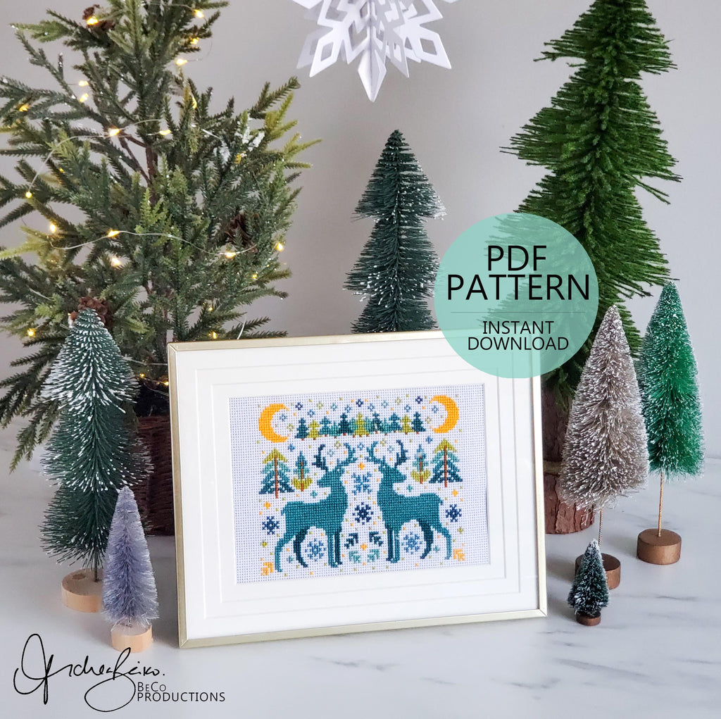 Winter Deer Folk Art Scene - PDF Digital Download Cross Stitch Pattern & Guide