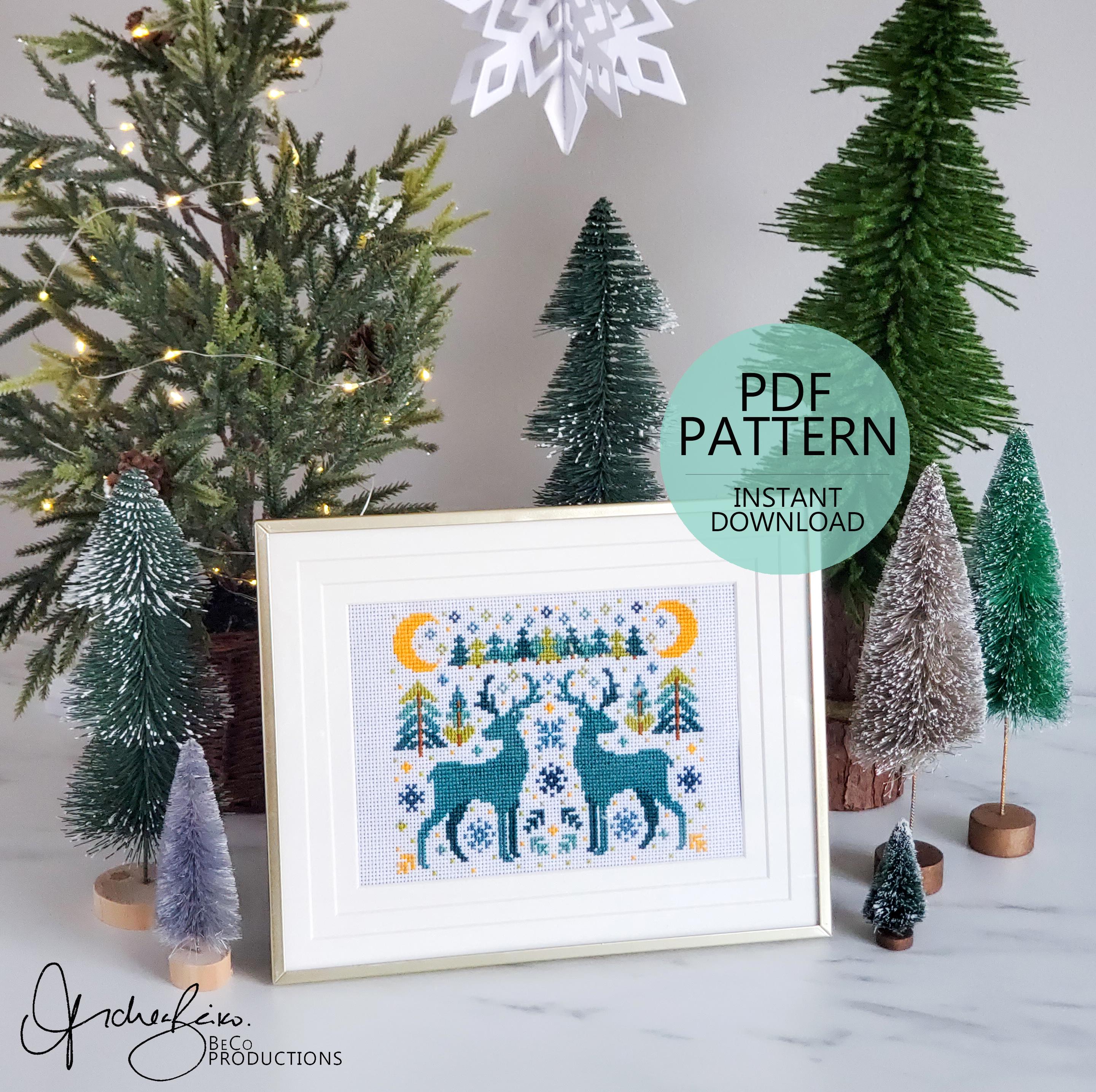 Winter Deer Folk Art Scene - PDF Digital Download Cross Stitch Pattern & Guide