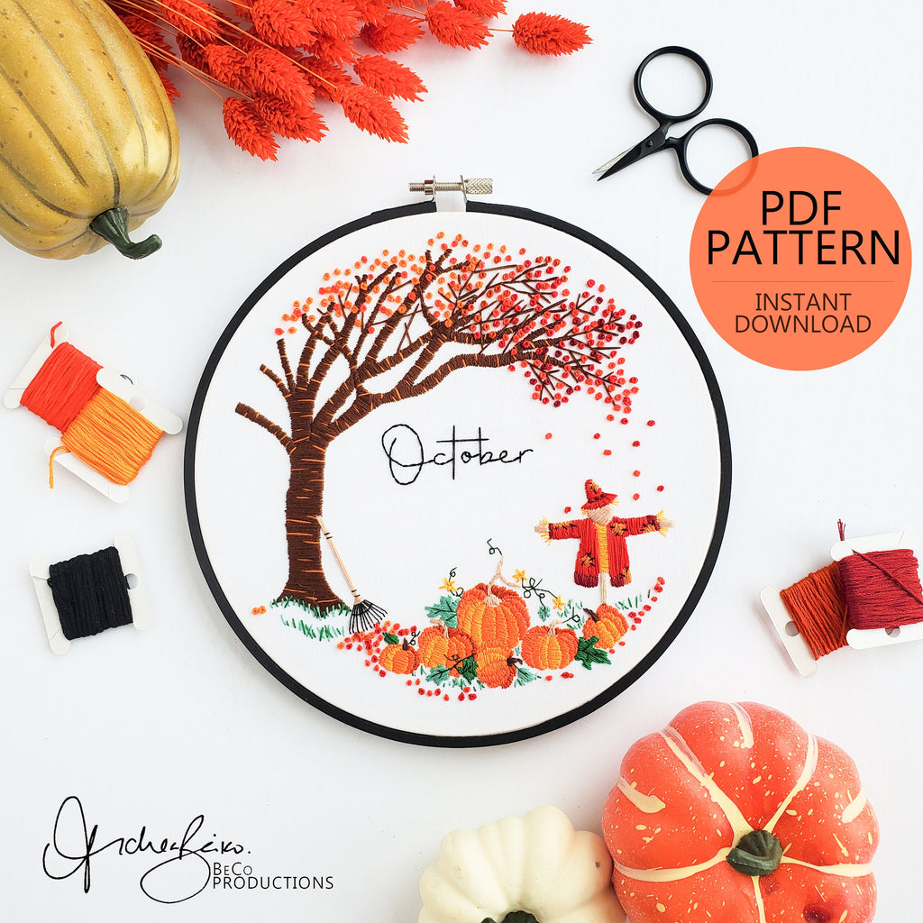 OCTOBER Monthly Series Wreath - PDF Digital Download Embroidery Pattern & Guide