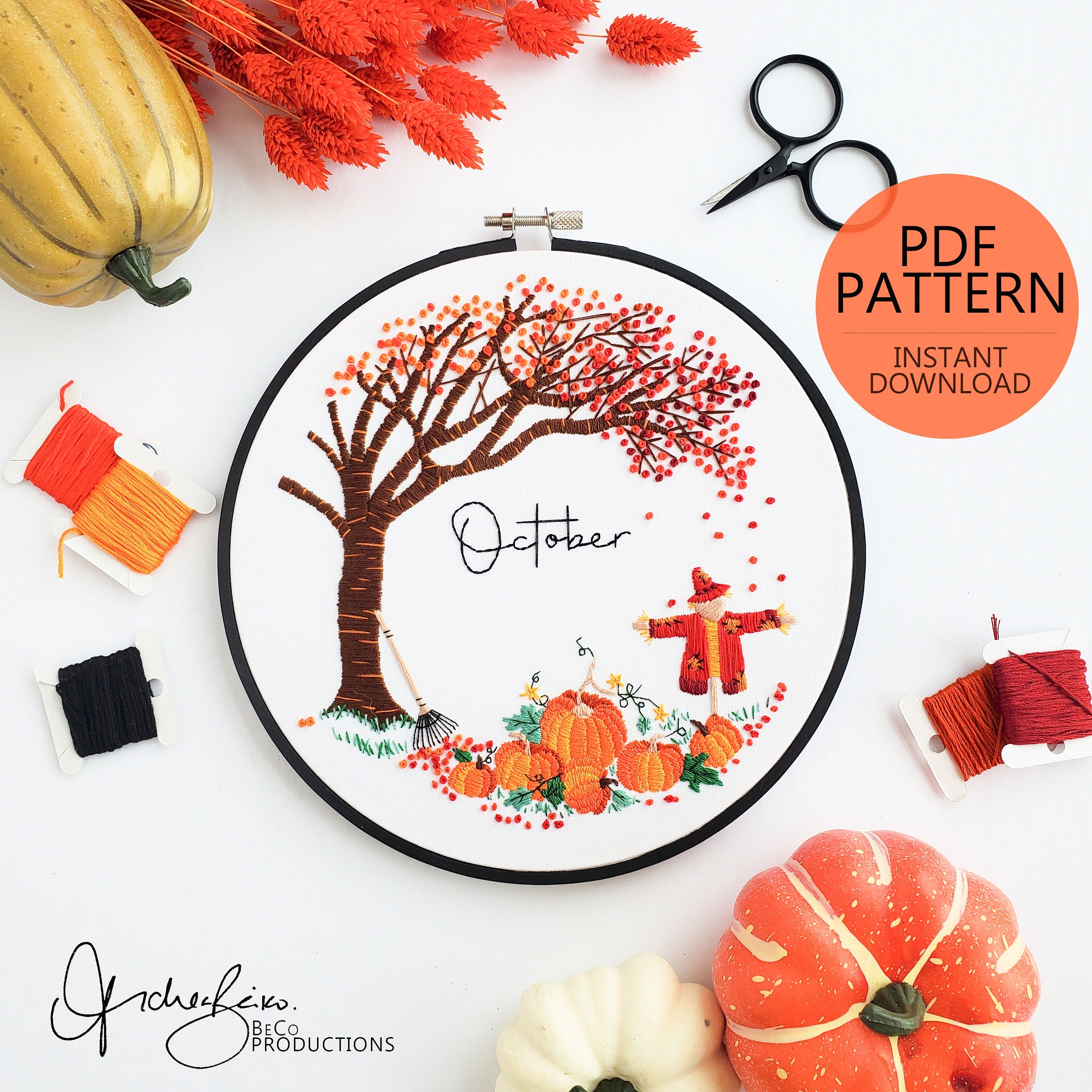 OCTOBER Monthly Series Wreath - PDF Digital Download Embroidery Pattern & Guide