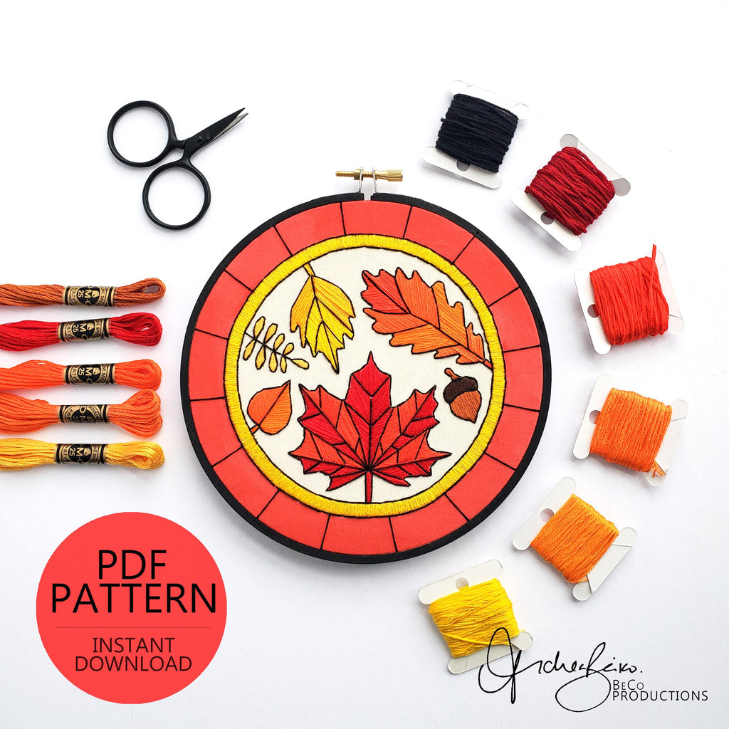 SEPTEMBER Monthly Series Stained Glass Autumn Leaves- PDF Digital Download Embroidery Pattern & Guide