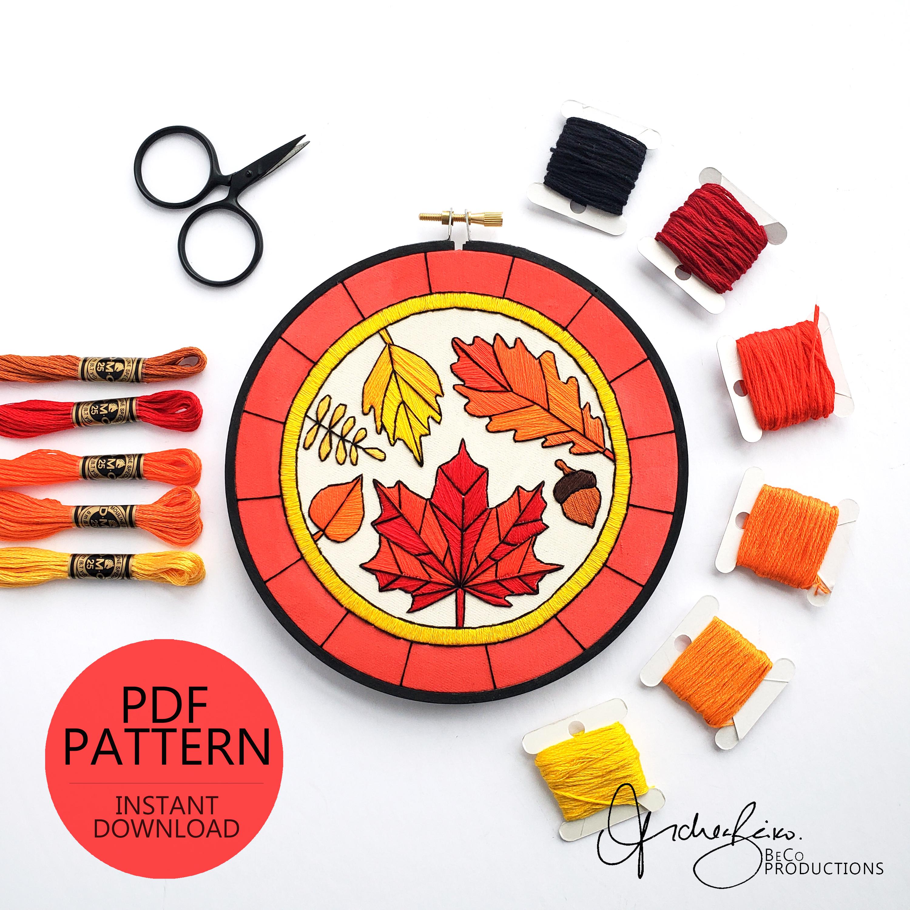 SEPTEMBER Monthly Series Stained Glass Autumn Leaves- PDF Digital Download Embroidery Pattern & Guide