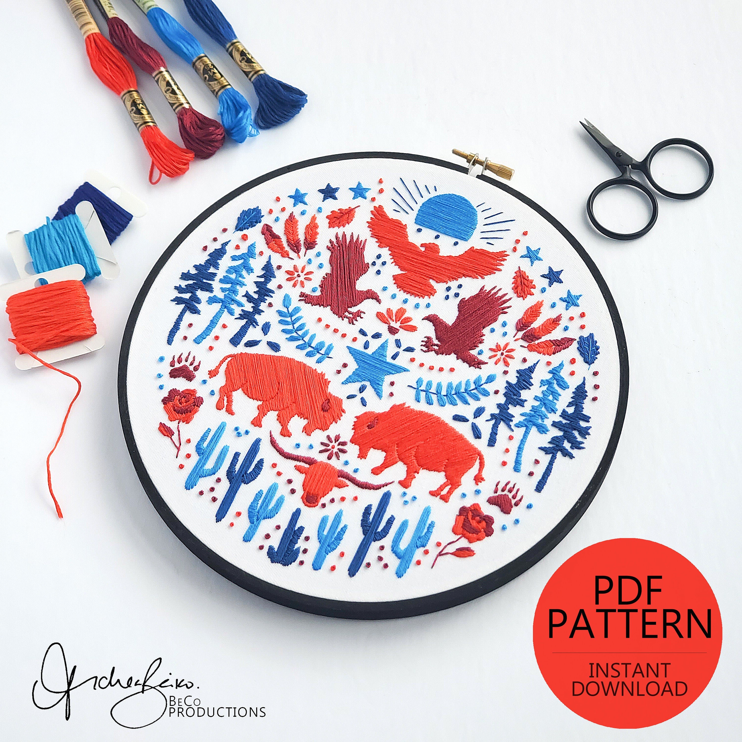 USA American Folk Art Inspired Series - PDF Digital Download Embroidery Pattern & Guide