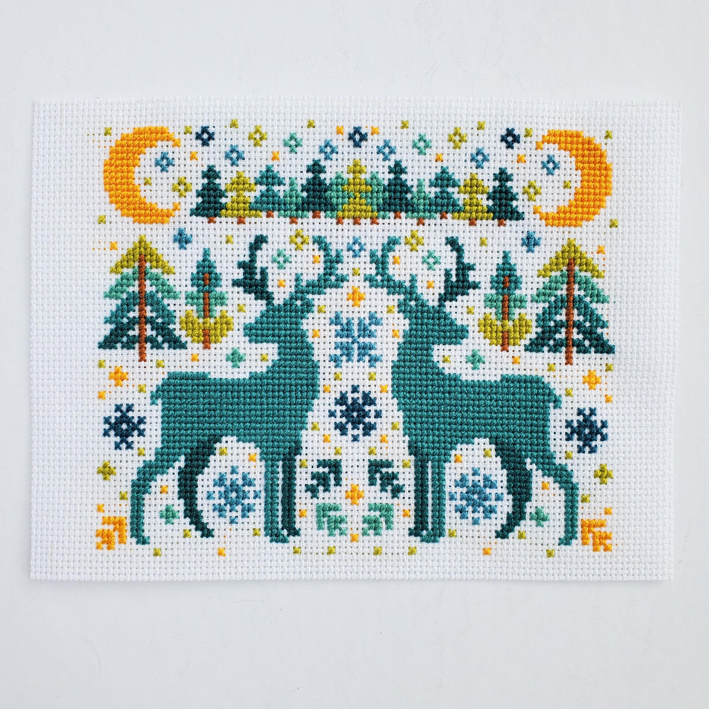 Winter Deer Folk Art Scene - PDF Digital Download Cross Stitch Pattern & Guide