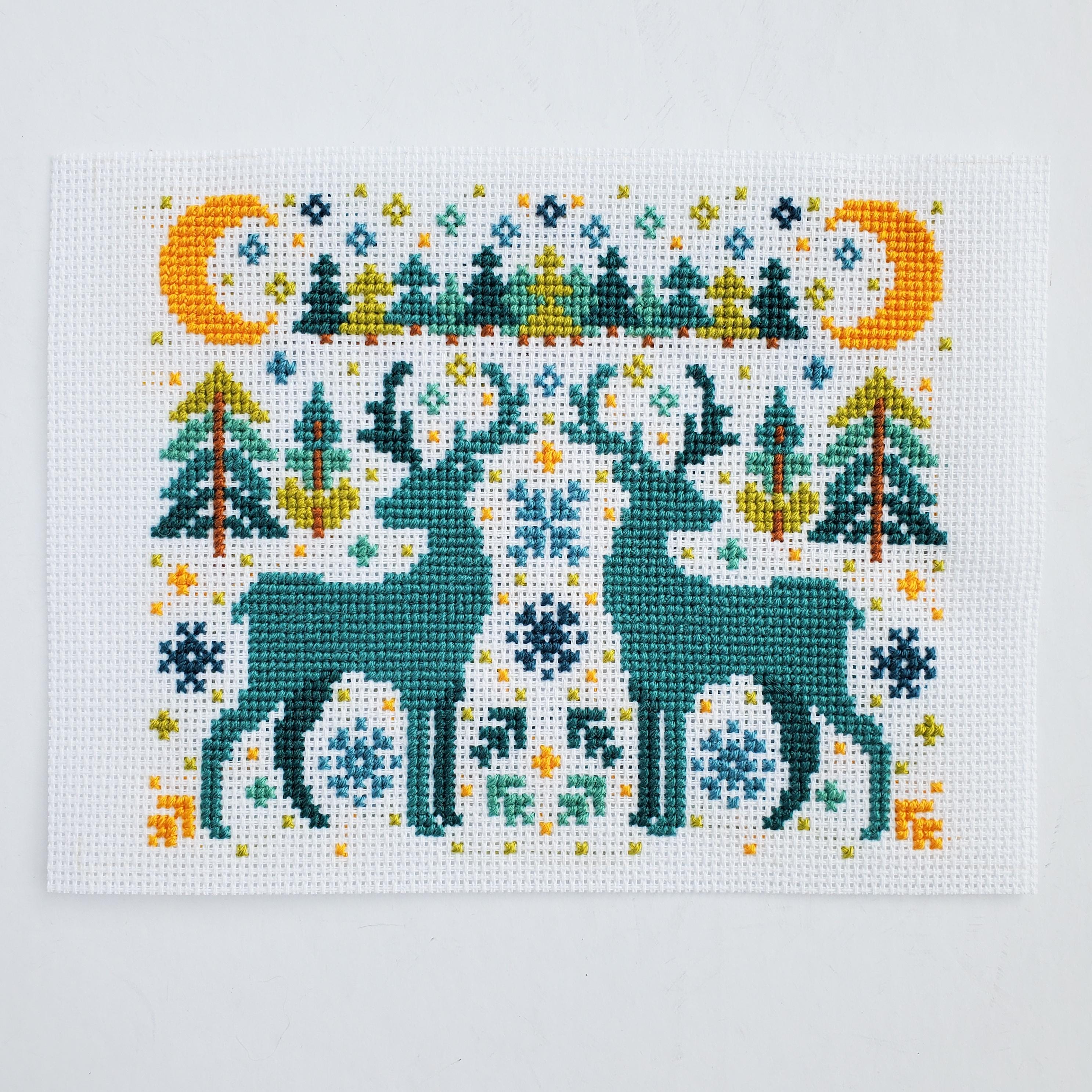Winter Deer Folk Art Scene - PDF Digital Download Cross Stitch Pattern & Guide