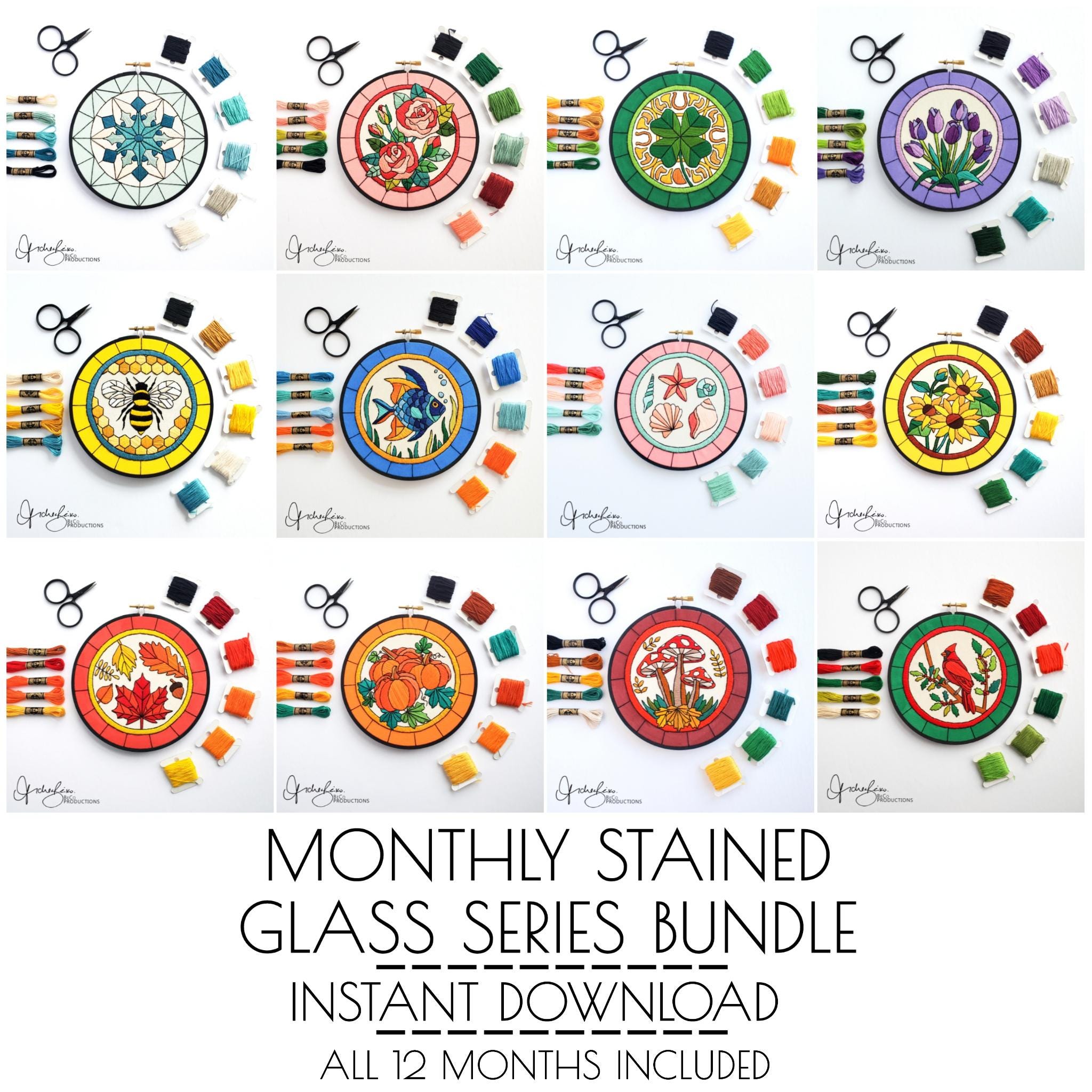 Stained Glass Embroidery Series BUNDLE - PDF Digital Download Embroidery Patterns
