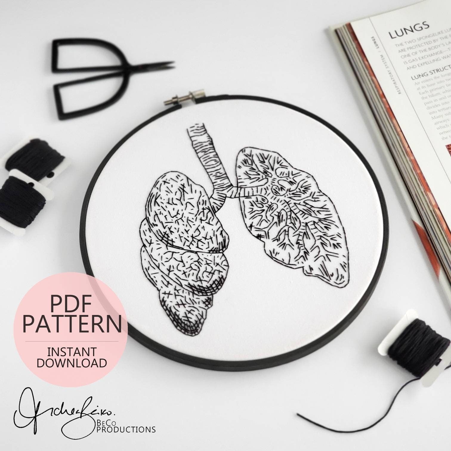 Lungs Anatomy - PDF Digital Download Embroidery Pattern & Guide
