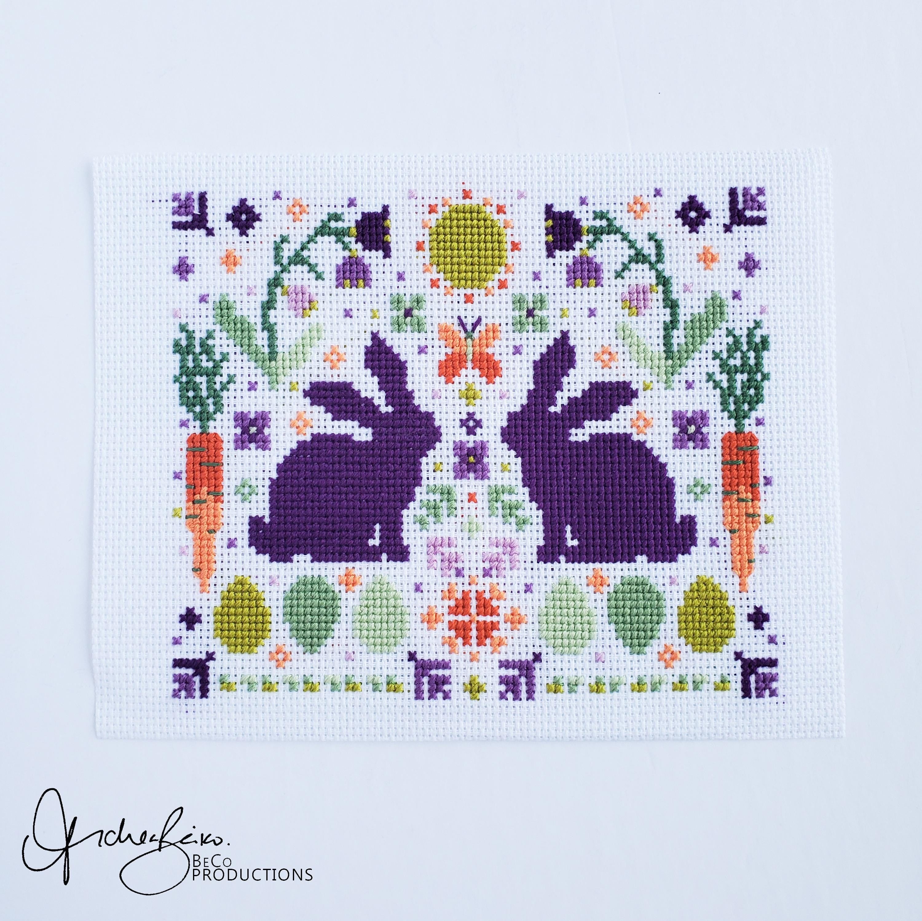 Spring Rabbit Folk Art Scene - PDF Digital Download Cross Stitch Pattern & Guide