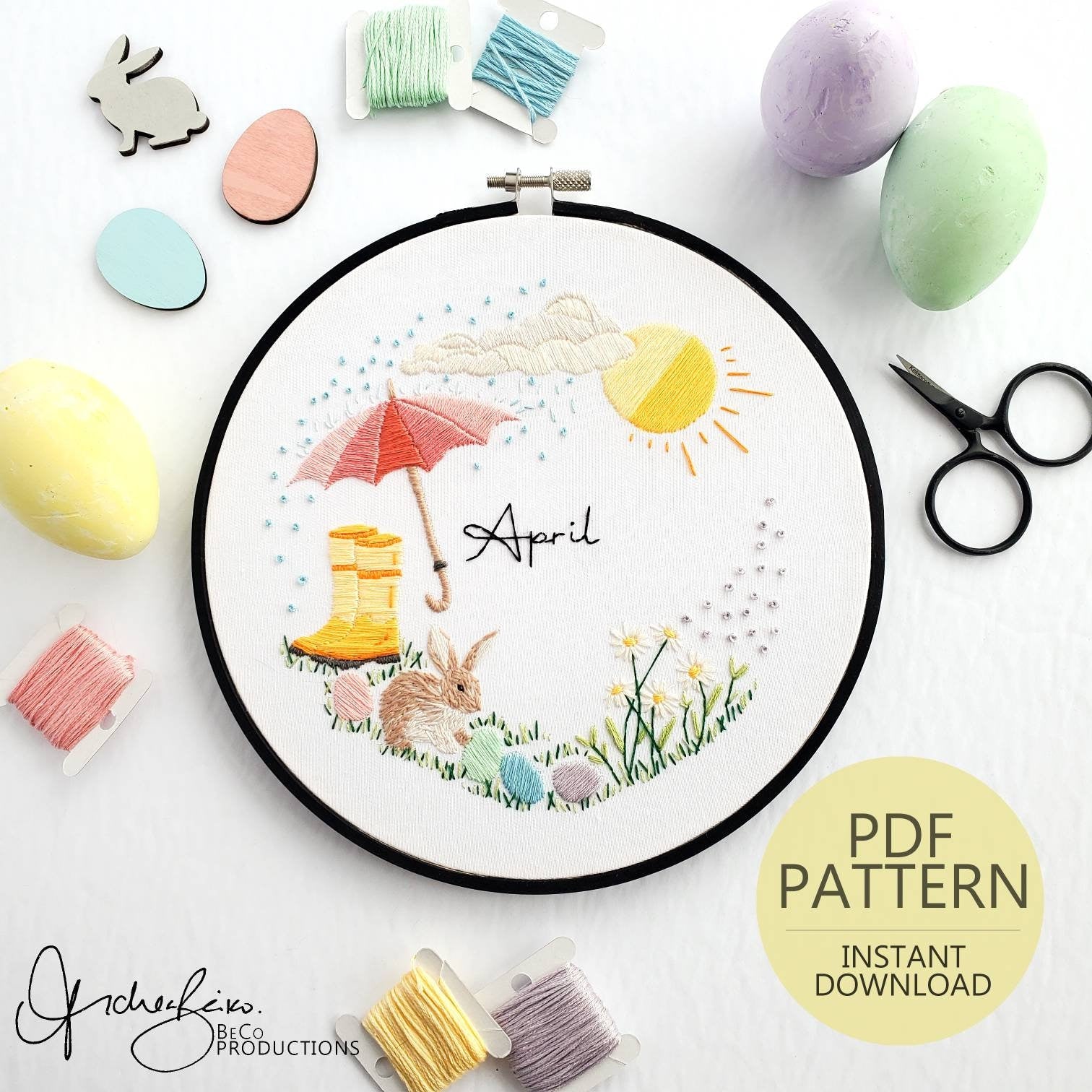 APRIL Monthly Series Wreath - PDF Digital Download Embroidery Pattern & Guide