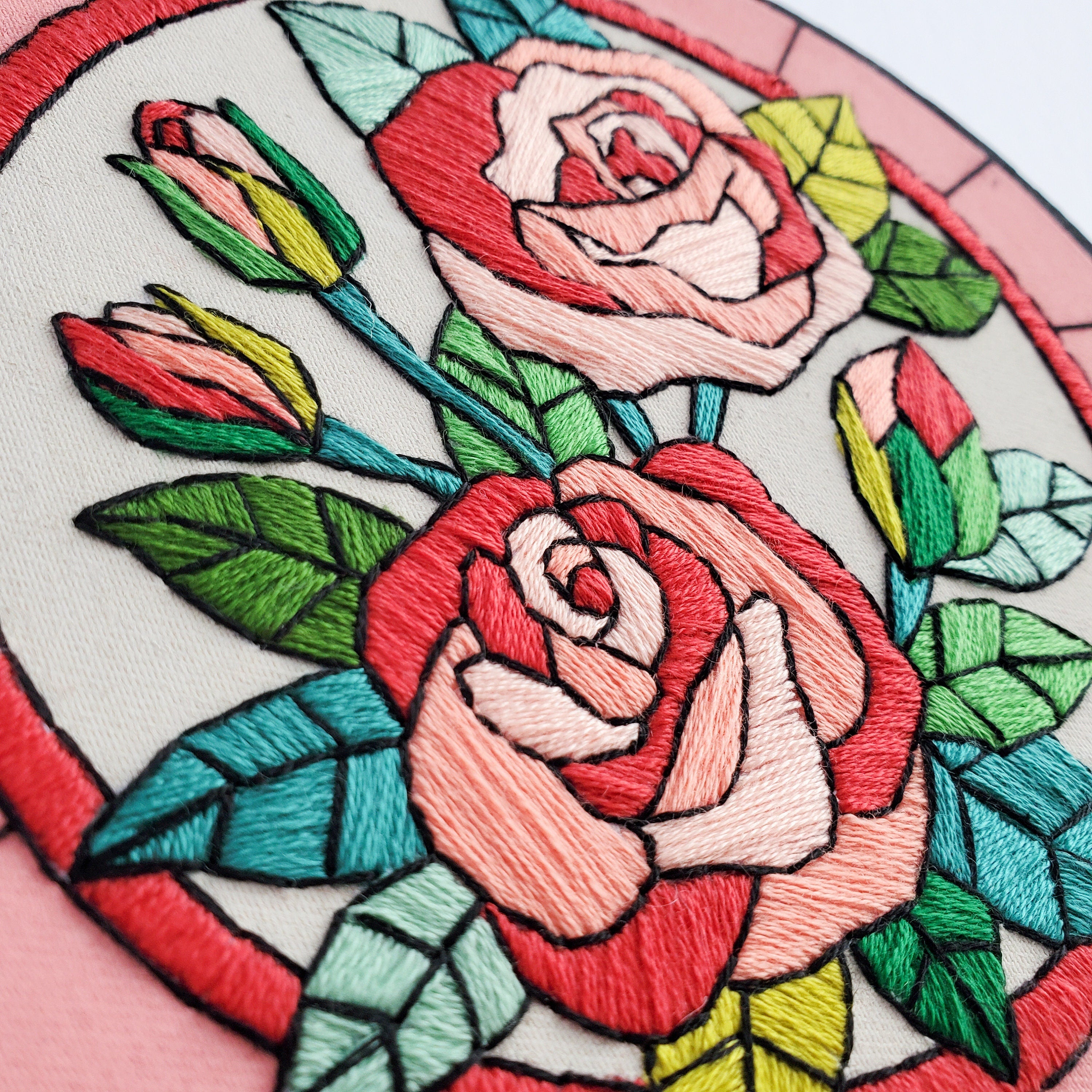 FEBRUARY Monthly Series Stained Glass Roses- PDF Digital Download Embroidery Pattern & Guide