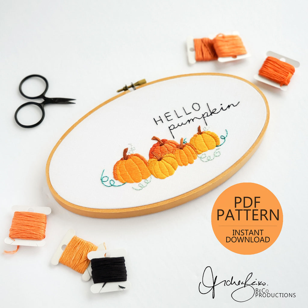 Hello Pumpkin Oval Hoop - PDF Digital Download Embroidery Pattern & Guide