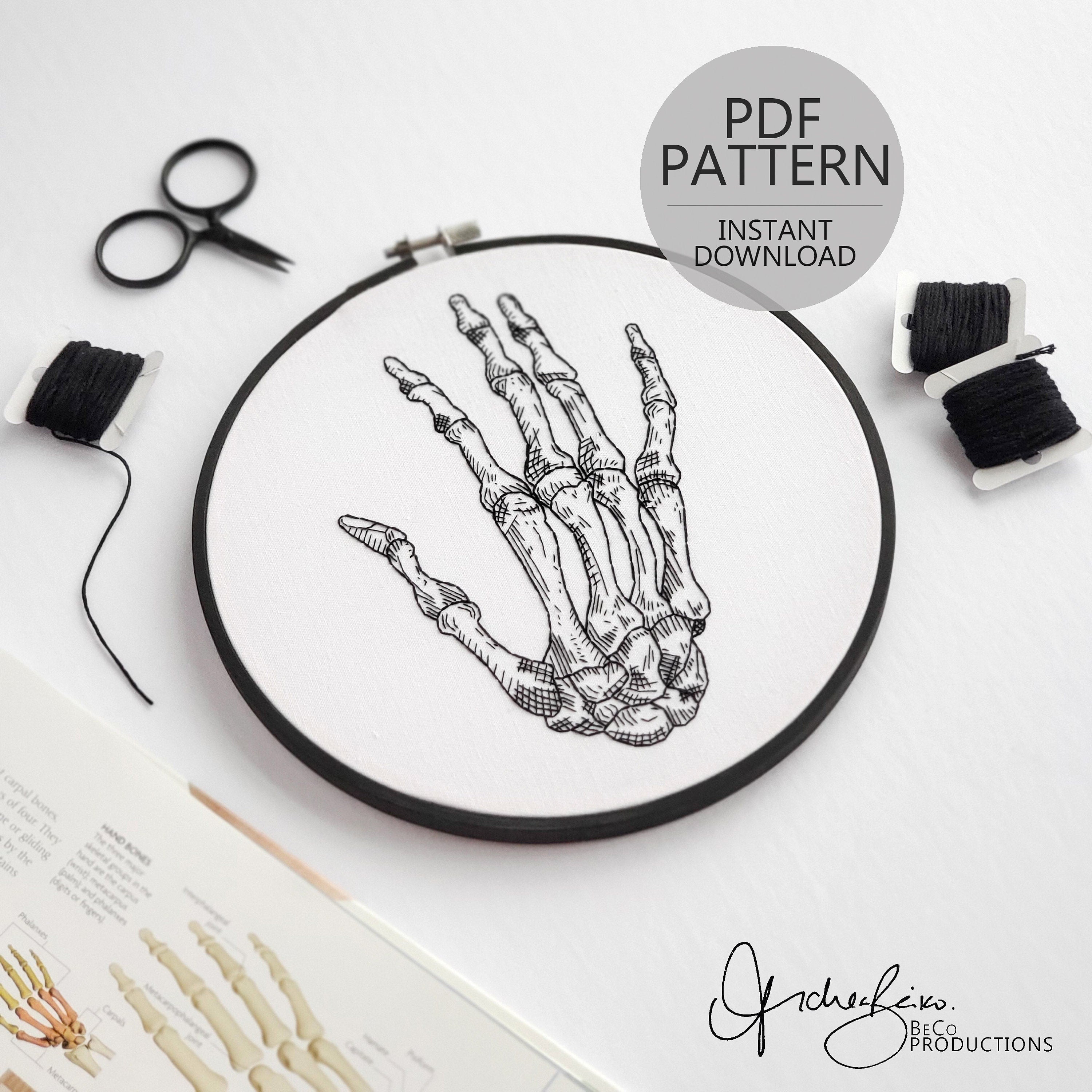Skeletal Hand Anatomy - PDF Digital Download Embroidery Pattern & Guide