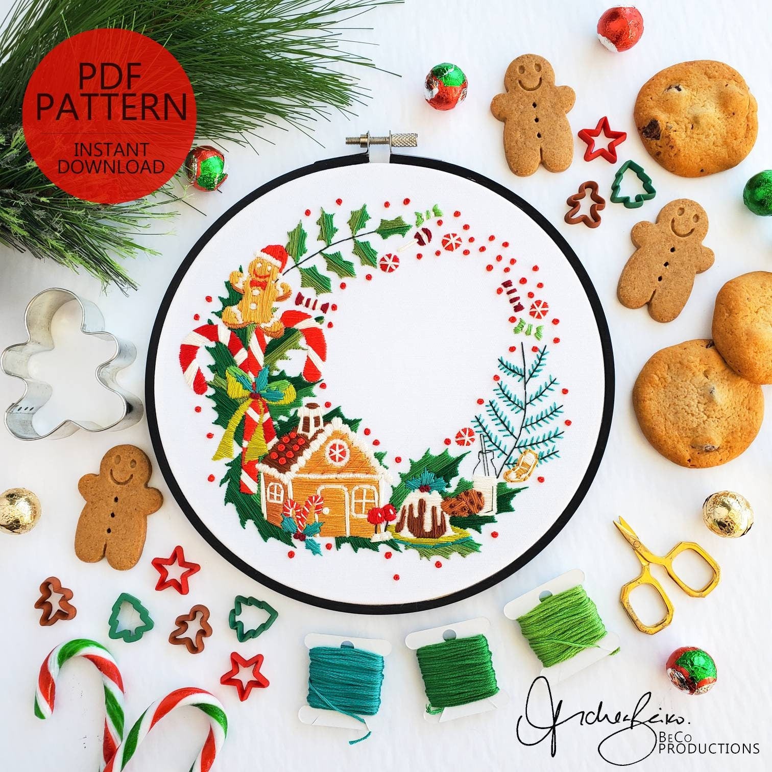 Christmas Candy Wreath - PDF Digital Download Embroidery Pattern & Guide
