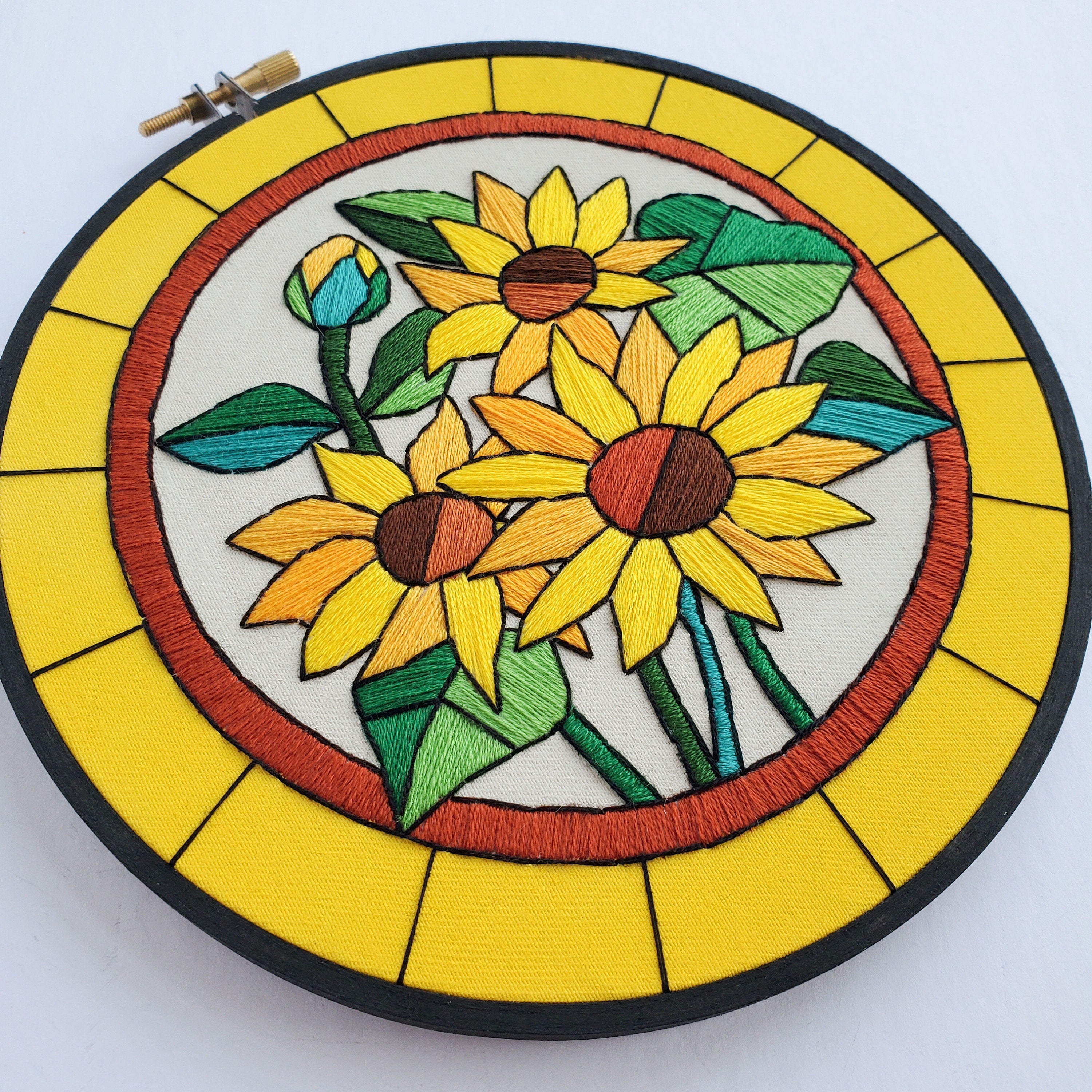 AUGUST Monthly Series Stained Glass Sunflowers- PDF Digital Download Embroidery Pattern & Guide
