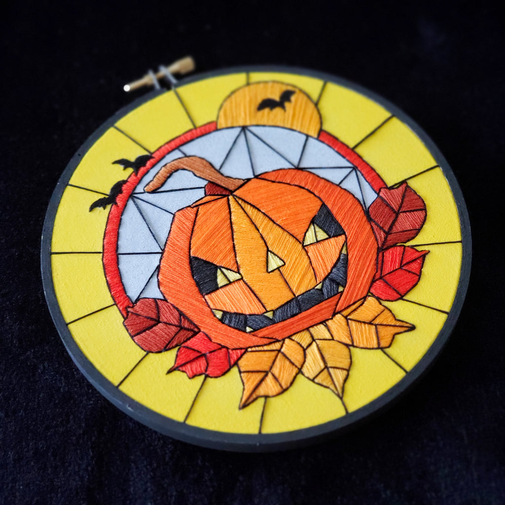 Stained Glass Halloween Jack-o-lantern - PDF Digital Download Embroidery Pattern & Guide