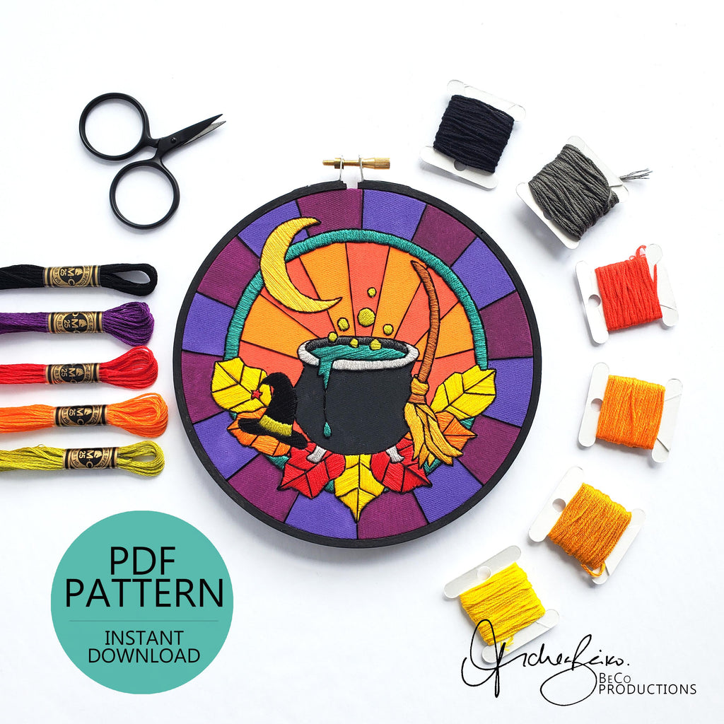 Stained Glass Halloween Witches Cauldron - PDF Digital Download Embroidery Pattern & Guide