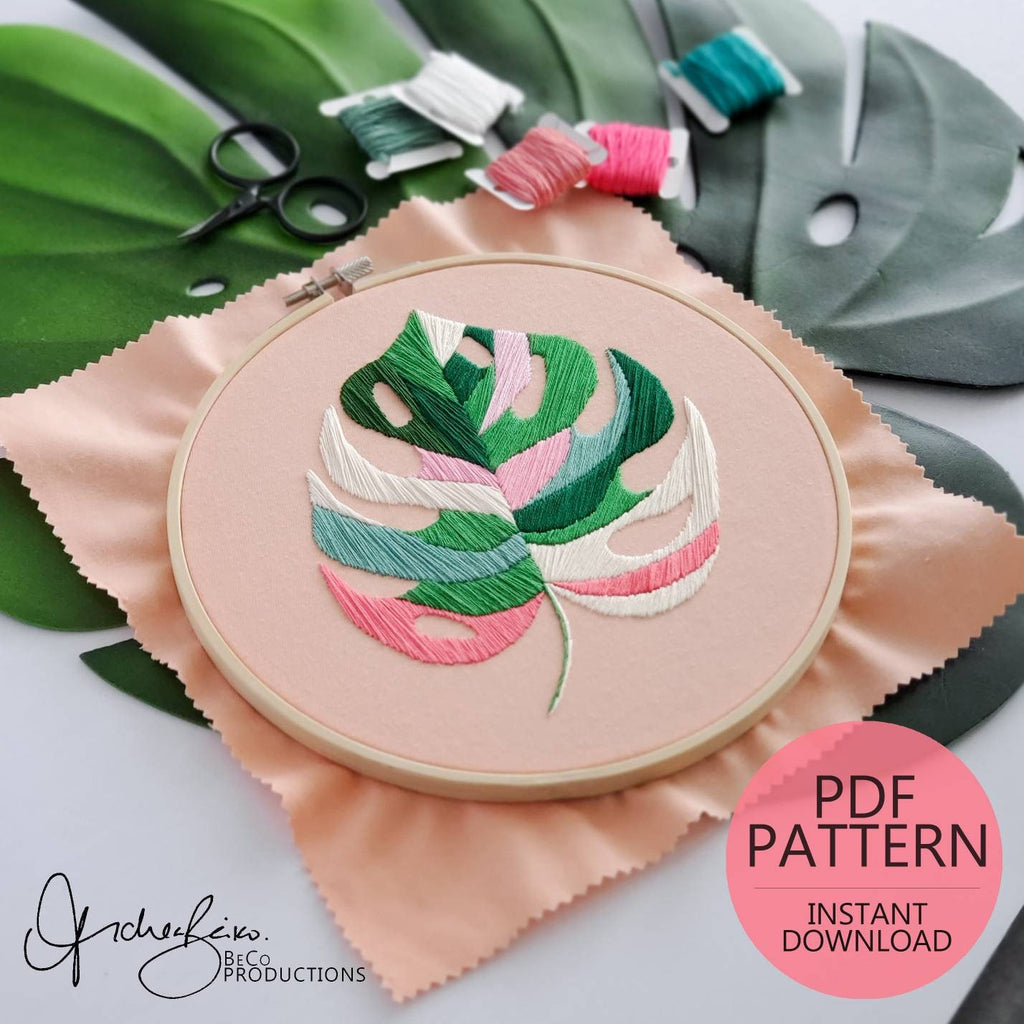 Variegated Monstera Leaf - PDF Digital Download Embroidery Pattern & Guide