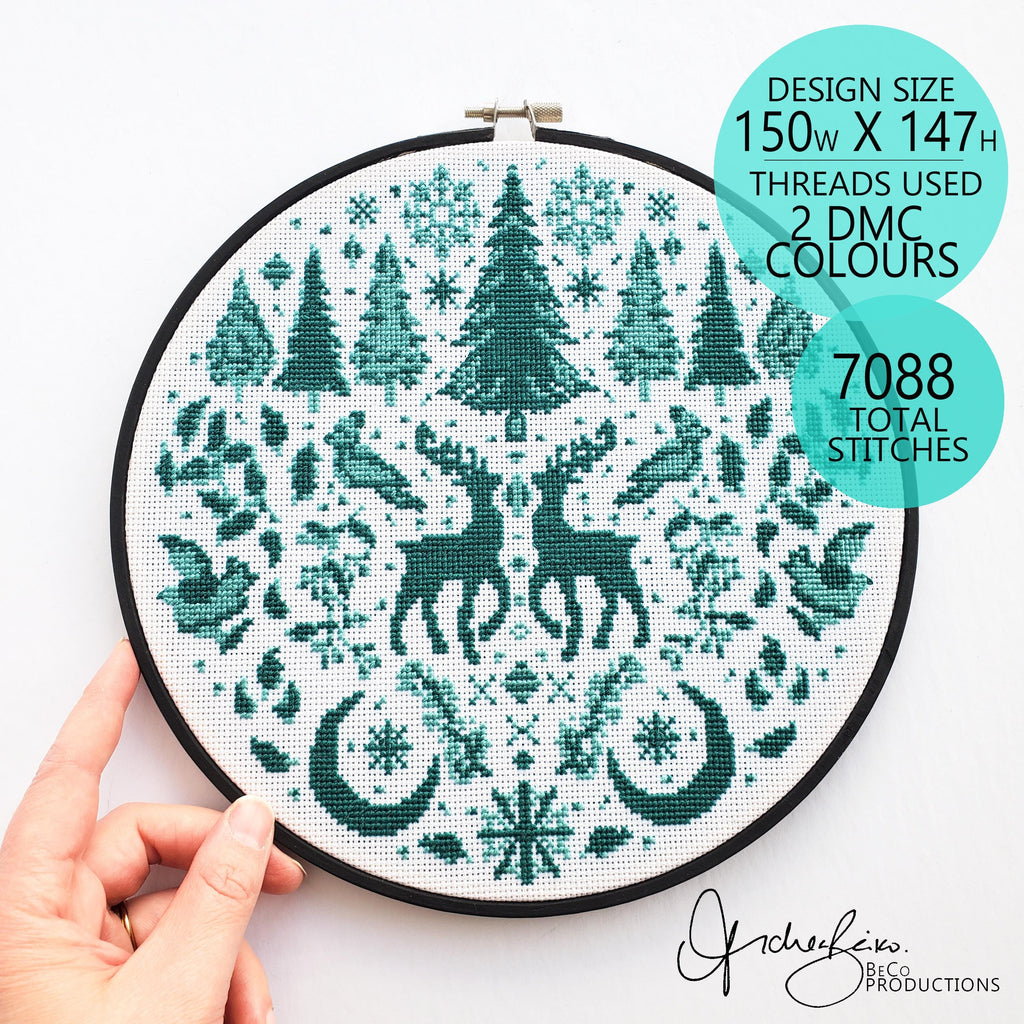 Monochromatic Folk Art Winter Scene - PDF Digital Download Cross Stitch Pattern & Guide
