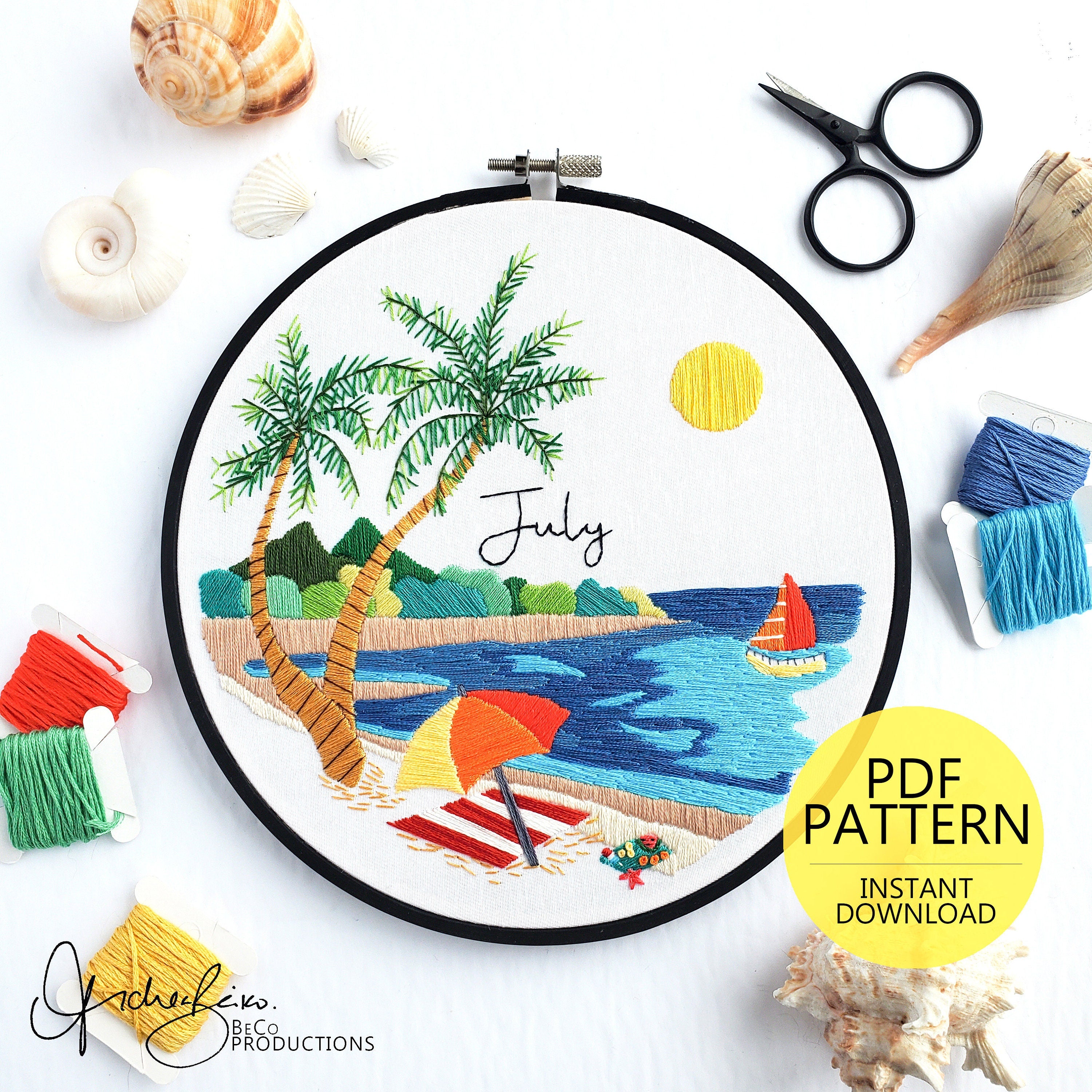 JULY Monthly Series Wreath - PDF Digital Download Embroidery Pattern & Guide