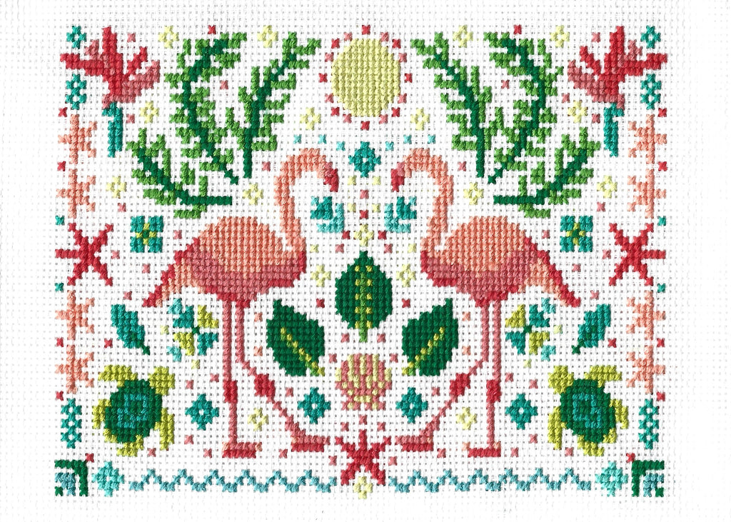 Tropical Flamingo Folk Art Scene - PDF Digital Download Cross Stitch Pattern & Guide