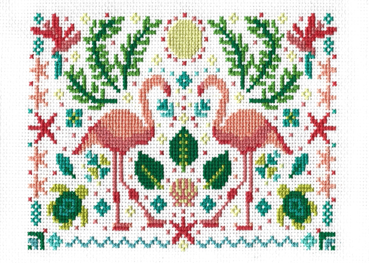 Tropical Flamingo Folk Art Scene - PDF Digital Download Cross Stitch Pattern & Guide
