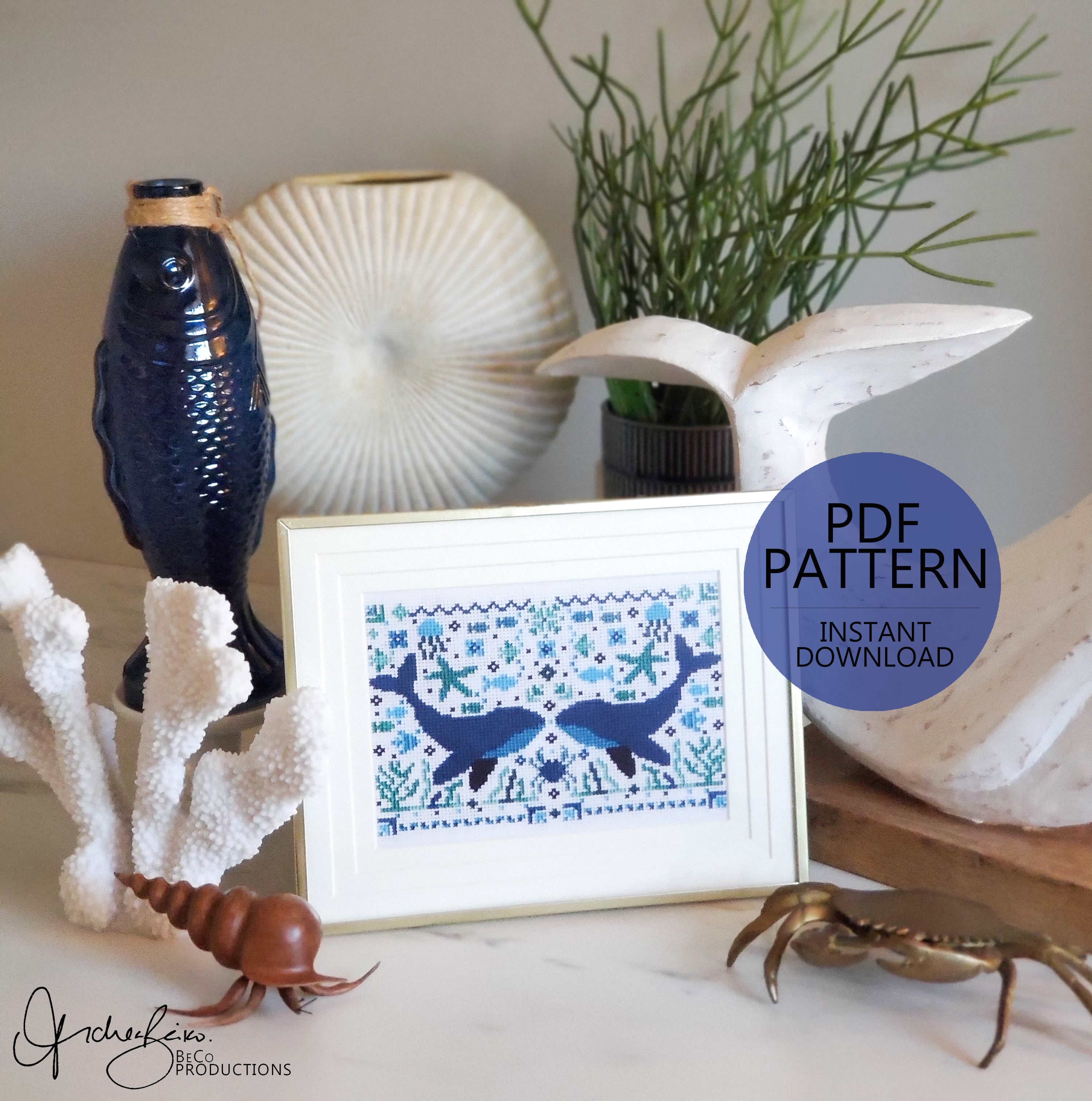 Summer Whale Folk Art Scene - PDF Digital Download Cross Stitch Pattern & Guide