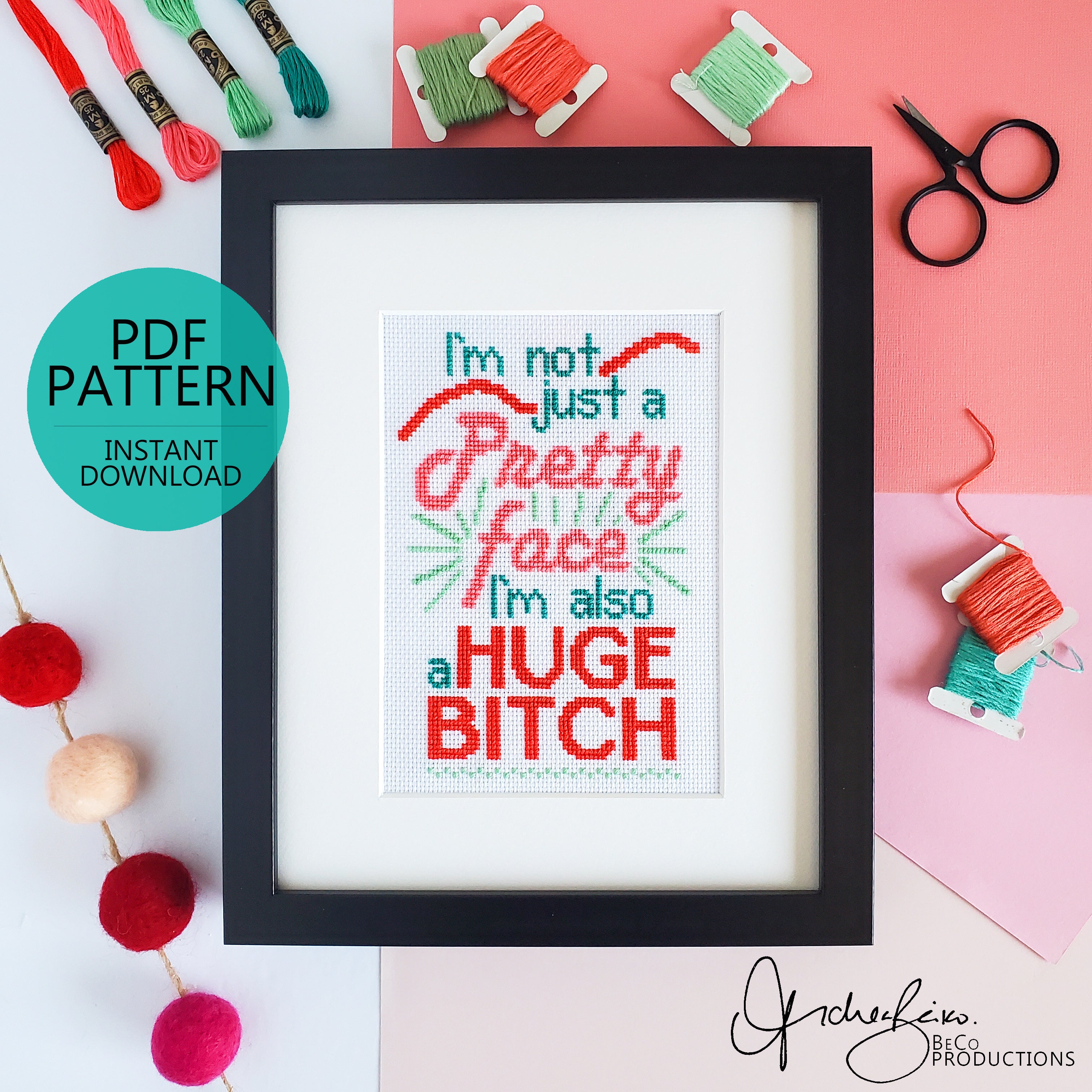 I'm Not Just A Pretty Face I'm Also A Huge Bitch - PDF Digital Download Cross Stitch Pattern & Guide (Copy)