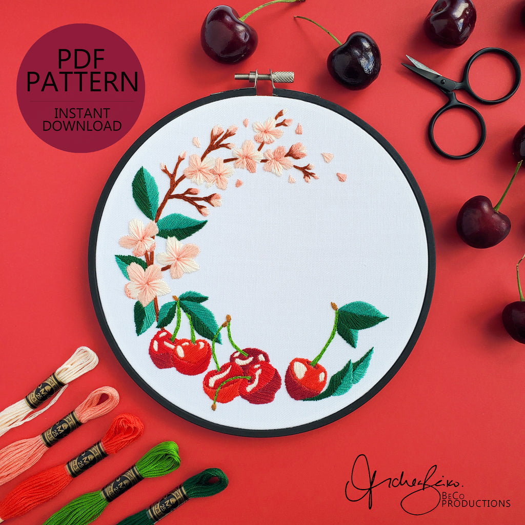 Cherry Wreath - PDF Digital Download Embroidery Pattern & Guide