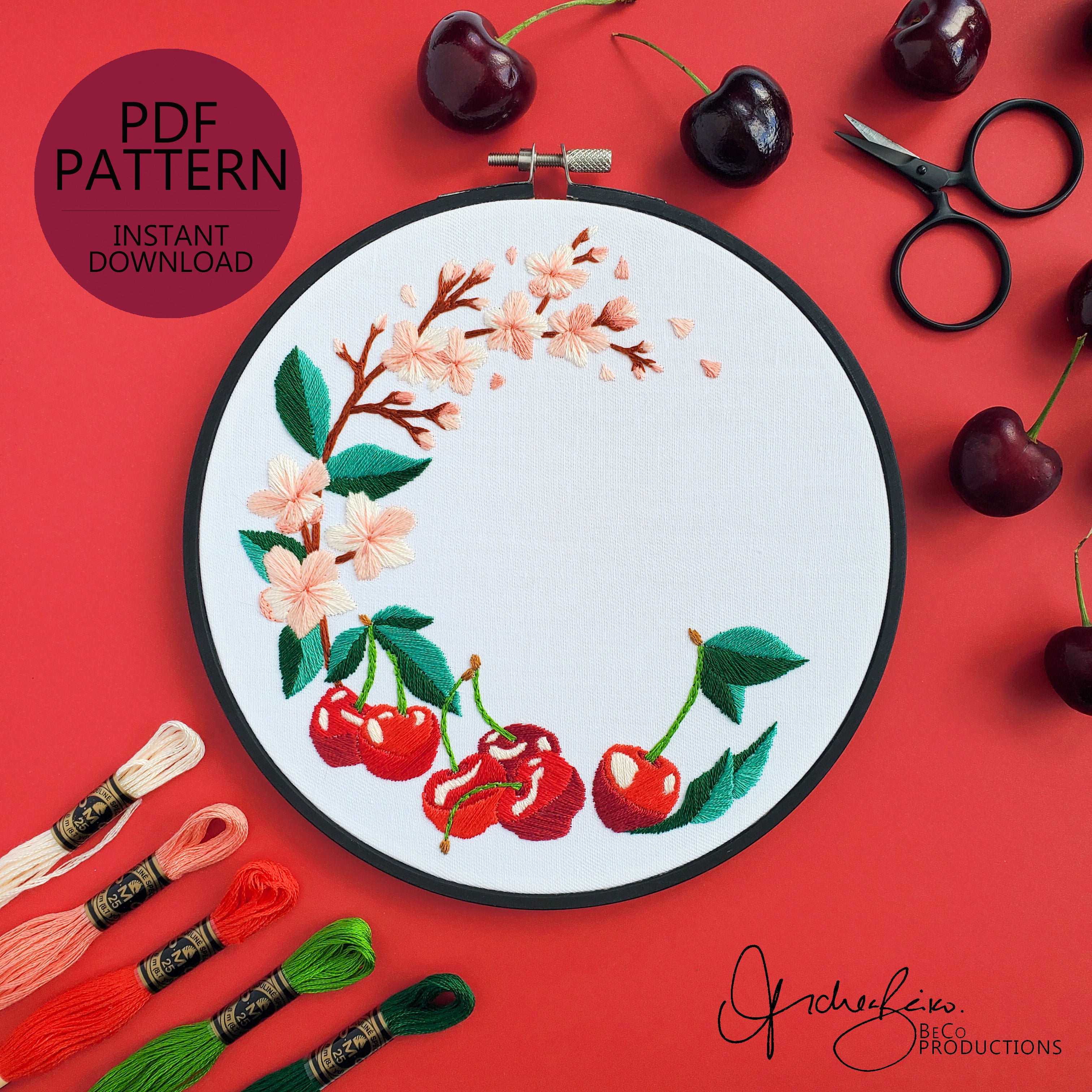 Cherry Wreath - PDF Digital Download Embroidery Pattern & Guide