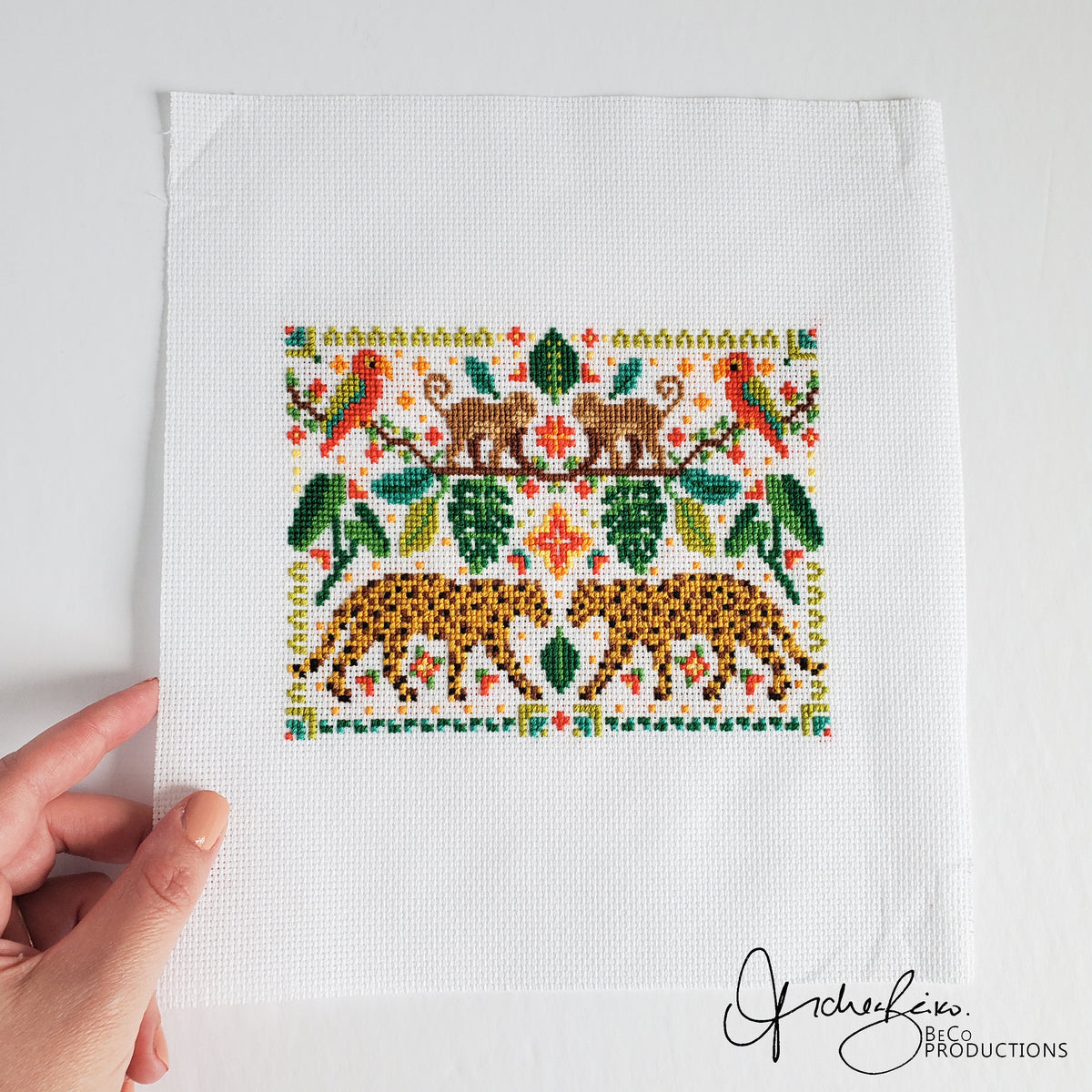 Jungle Leopard Folk Art Scene - PDF Digital Download Cross Stitch Pattern & Guide