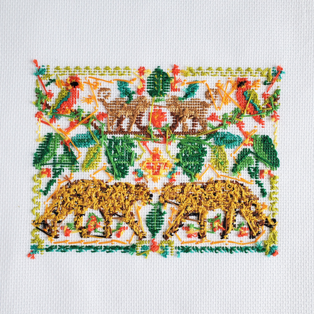Jungle Leopard Folk Art Scene - PDF Digital Download Cross Stitch Pattern & Guide