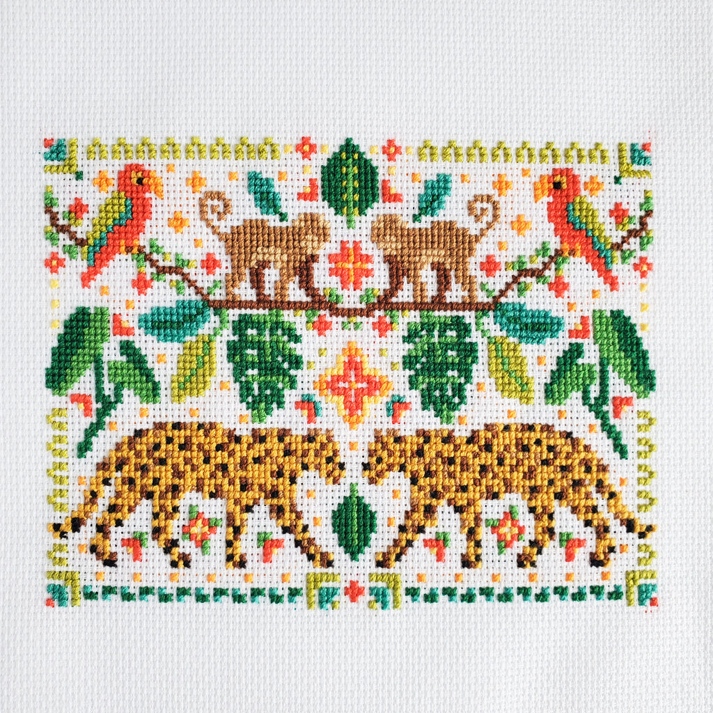 Jungle Leopard Folk Art Scene - PDF Digital Download Cross Stitch Pattern & Guide