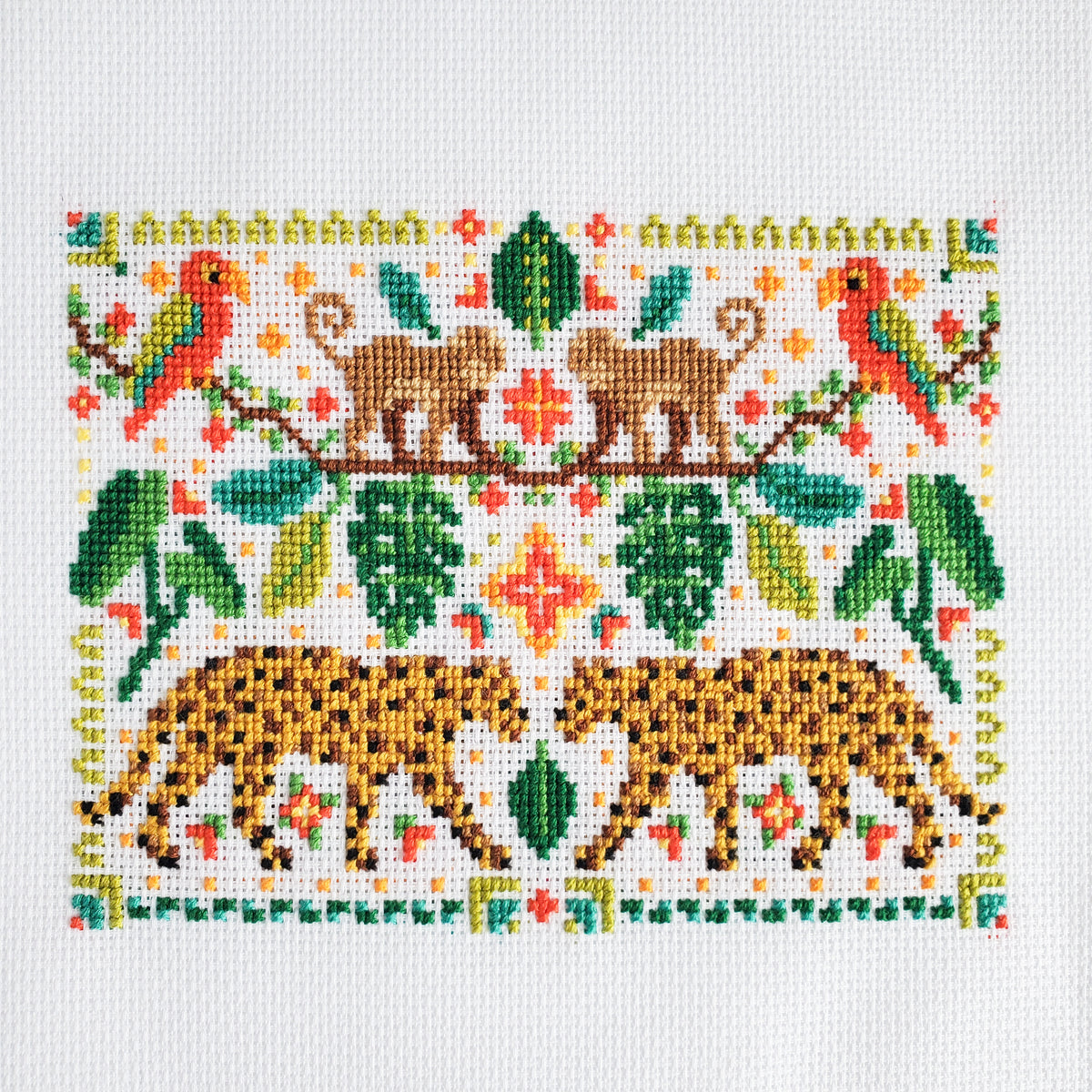 Jungle Leopard Folk Art Scene - PDF Digital Download Cross Stitch Pattern & Guide