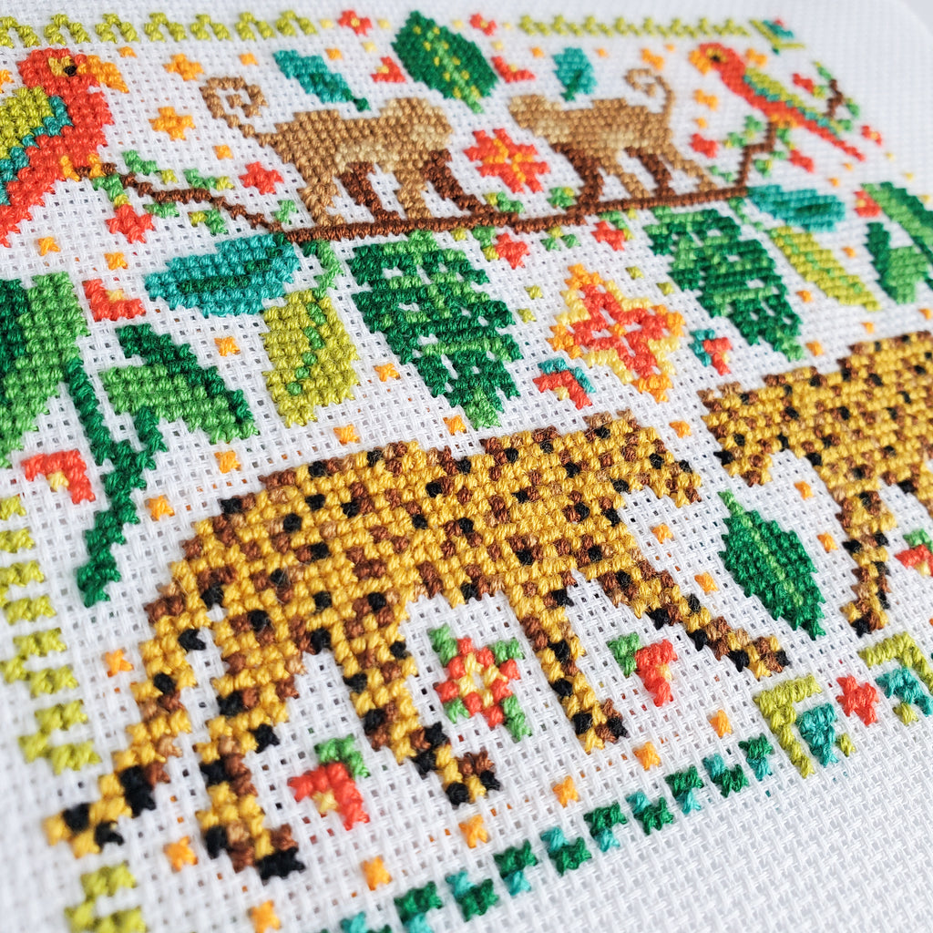 Jungle Leopard Folk Art Scene - PDF Digital Download Cross Stitch Pattern & Guide