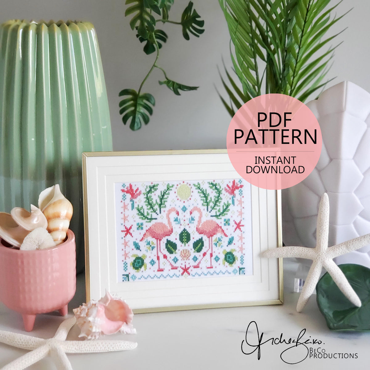 Tropical Flamingo Folk Art Scene - PDF Digital Download Cross Stitch Pattern & Guide