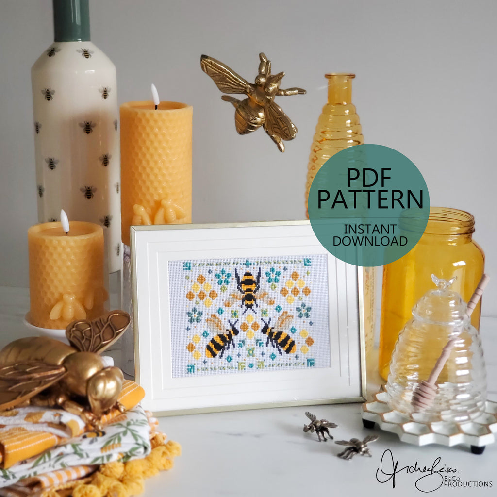 Summer Bees Folk Art Scene - PDF Digital Download Cross Stitch Pattern & Guide