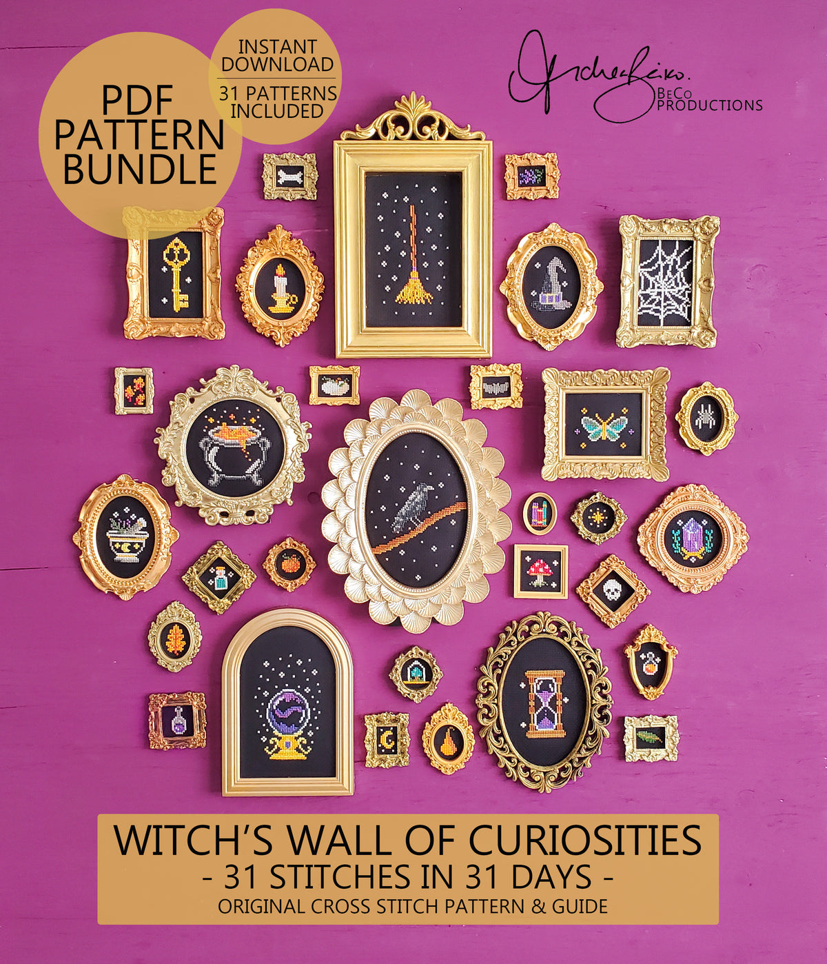 Witch's Wall Of Curiosities - 31 Pattern BUNDLE - Halloween Cross Stitch Patterns - PDF Digital Download Embroidery Pattern & Guide