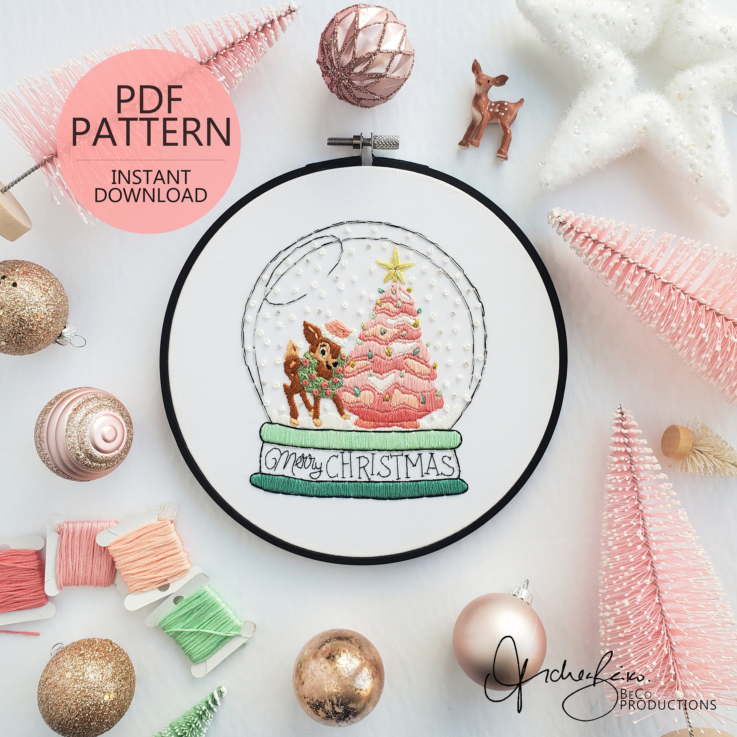 Retro Christmas Snow Globe - PDF Digital Download Embroidery Pattern & Guide