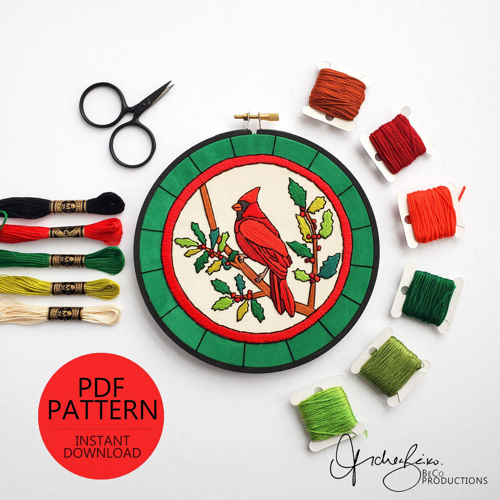 DECEMBER Monthly Series Stained Glass Cardinal - PDF Digital Download Embroidery Pattern & Guide
