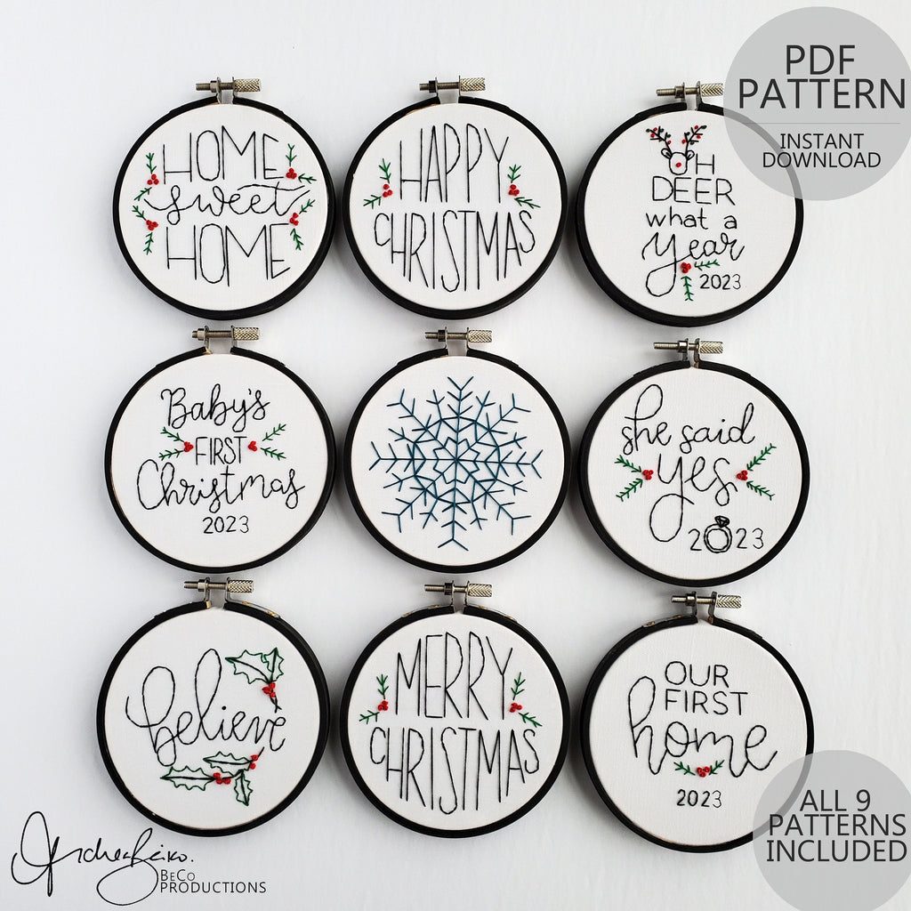 Christmas Ornament 9 Pack - PDF Digital Download Embroidery Patterns & Guide