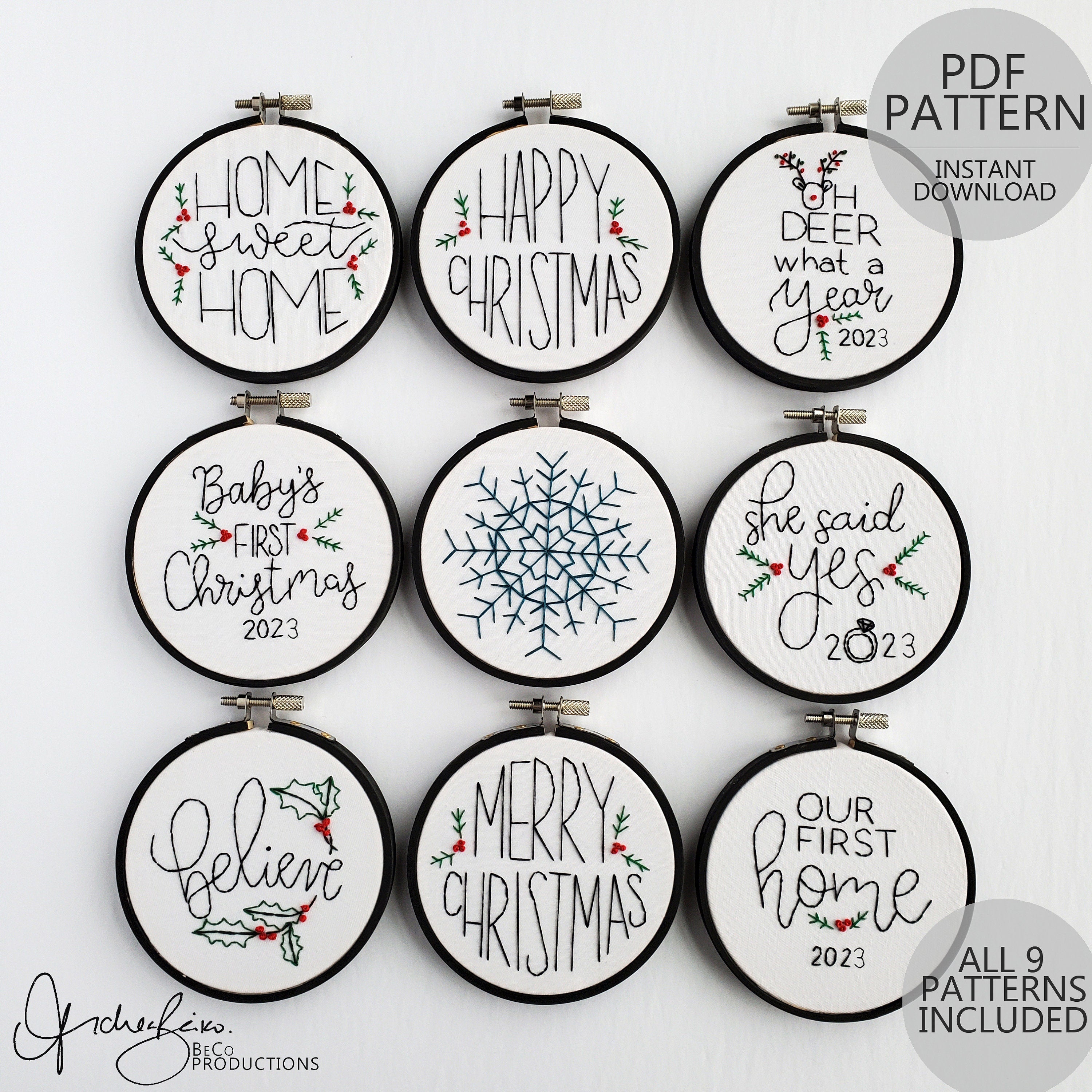 Christmas Ornament 9 Pack - PDF Digital Download Embroidery Patterns & Guide