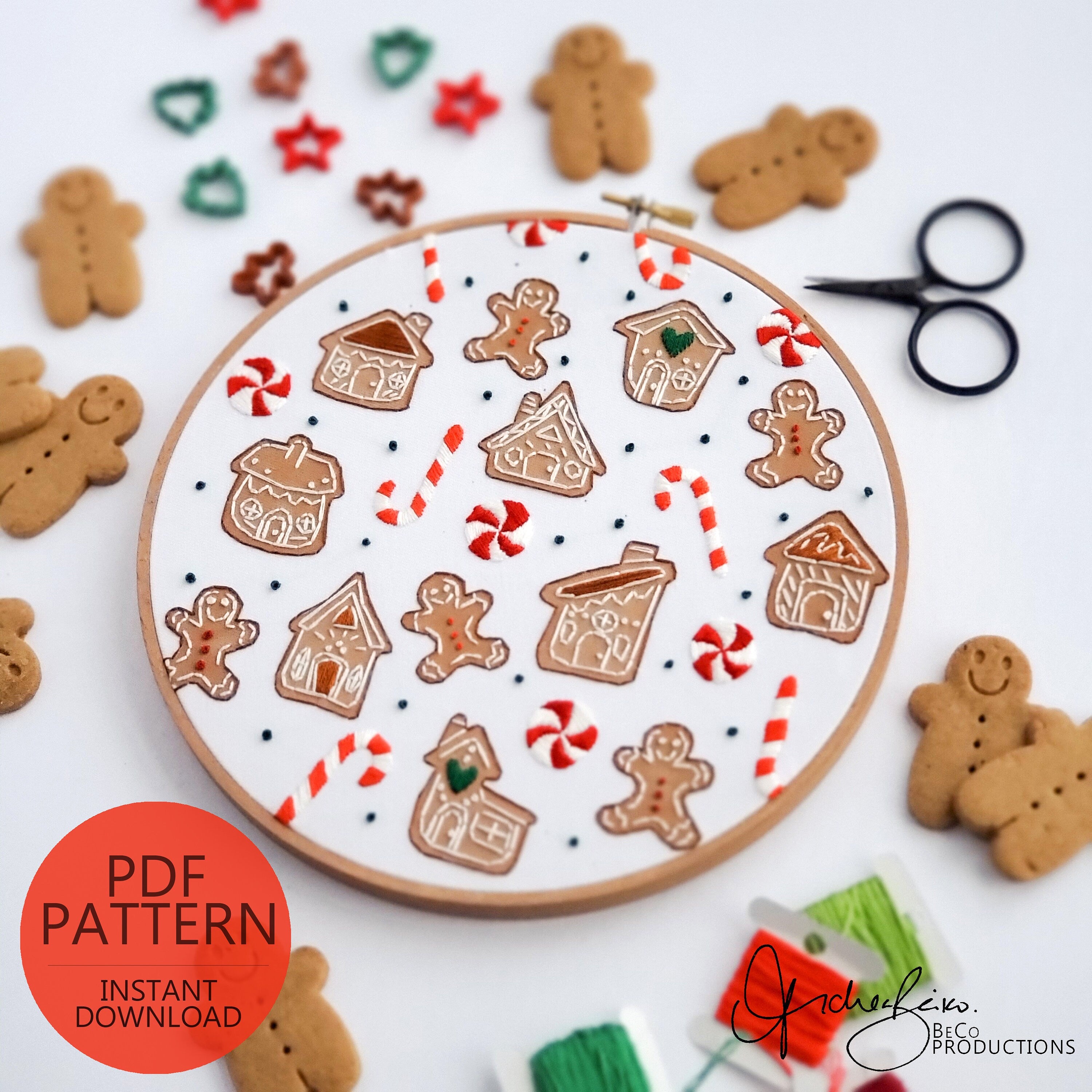 Gingerbread and Candy Cane Print - PDF Digital Download Embroidery Pattern & Guide