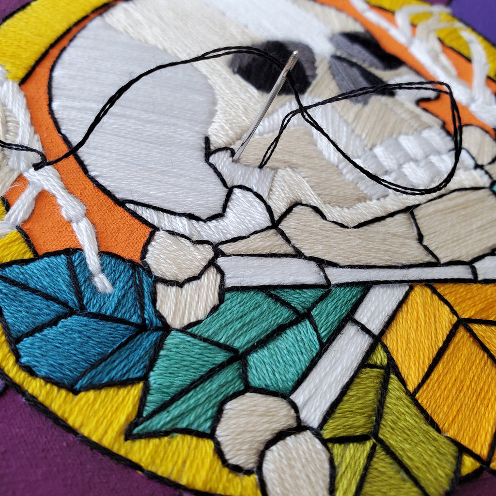 Stained Glass Halloween Skull and Bones - PDF Digital Download Embroidery Pattern & Guide
