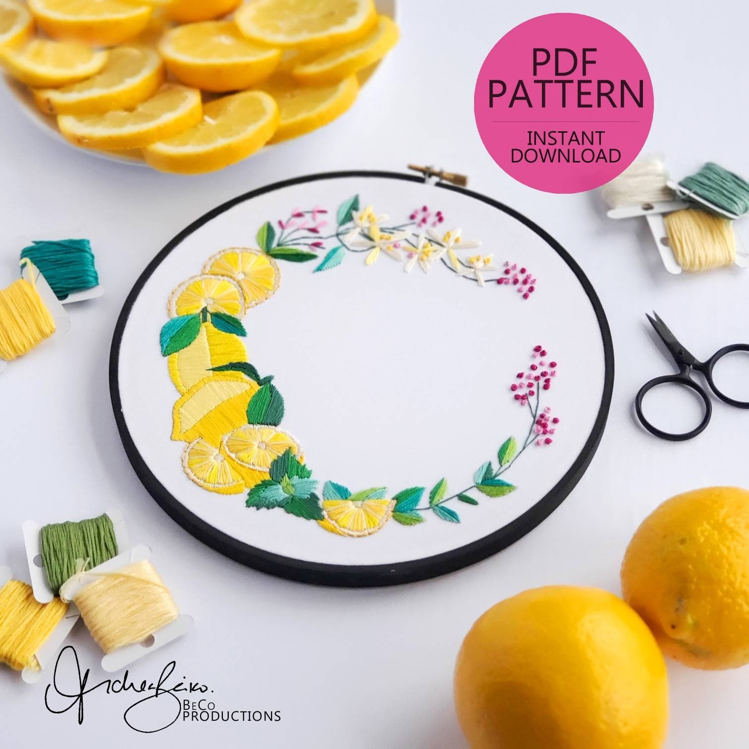 Lemon Wreath - PDF Digital Download Embroidery Pattern & Guide