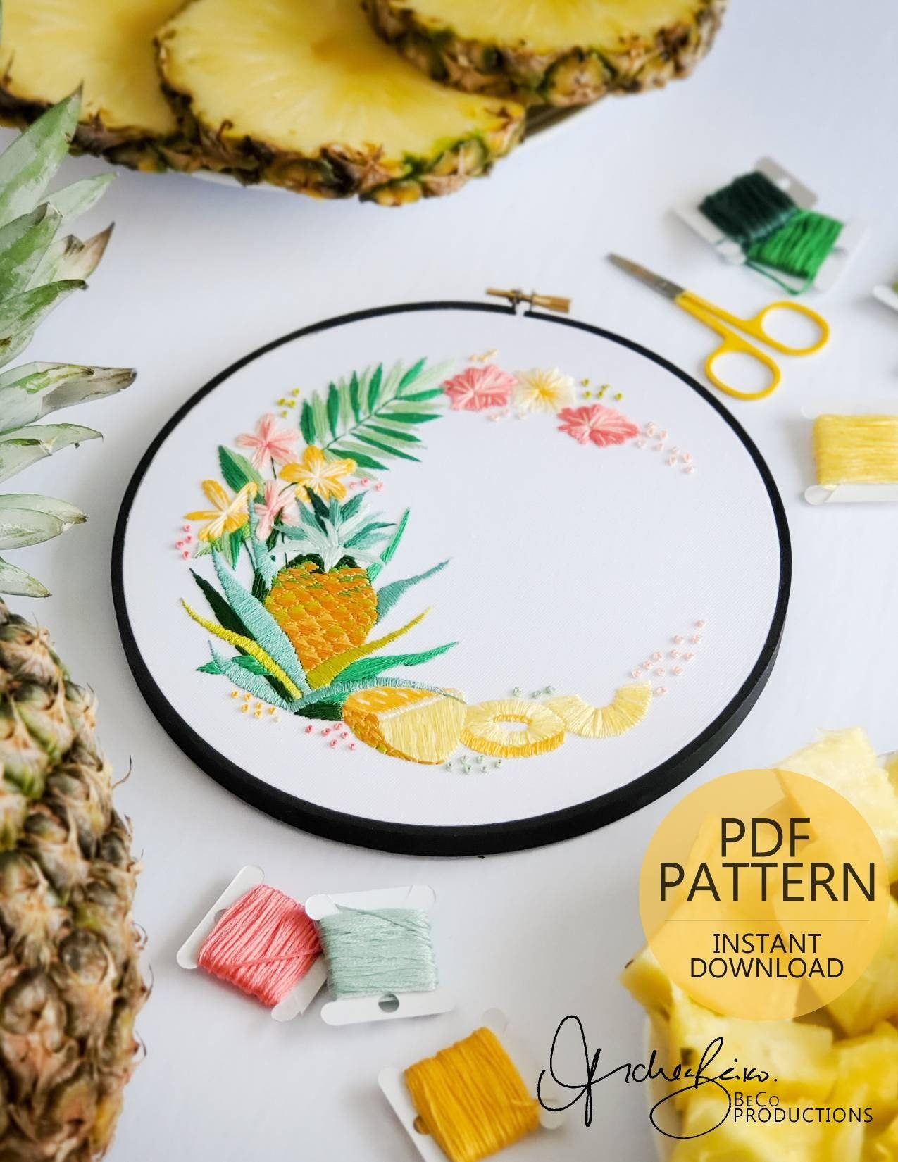 Pineapple Floral Wreath - PDF Digital Download Embroidery Pattern & Guide