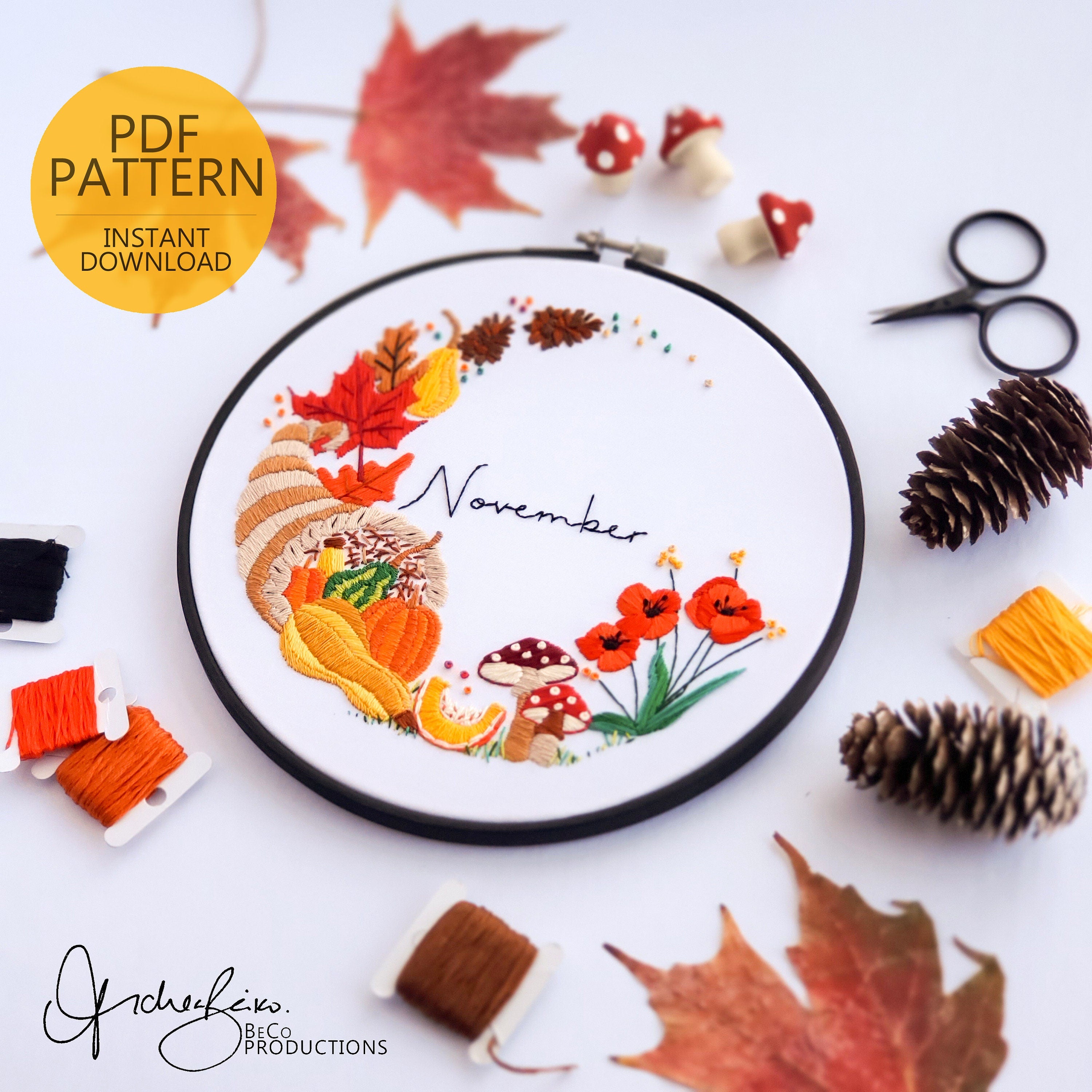 NOVEMBER Monthly Series Wreath - PDF Digital Download Embroidery Pattern & Guide