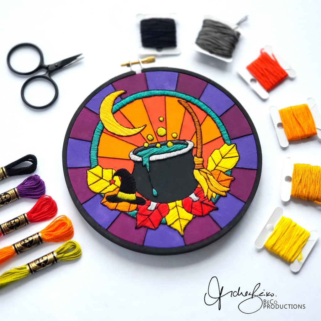 Stained Glass Halloween Witches Cauldron - PDF Digital Download Embroidery Pattern & Guide